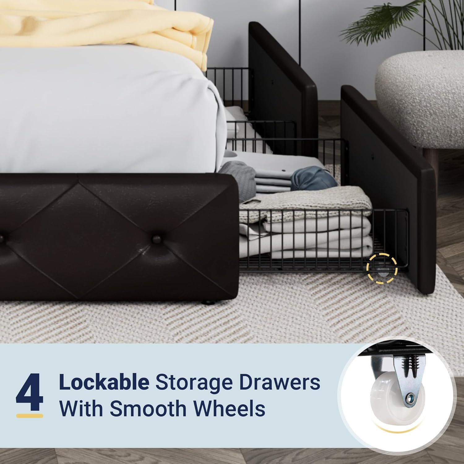 Allewie Upholstered Full Size Platform Bed Frame with 4 Storage Drawers and Headboard, Diamond Stitched Button Tufted, Mattress Foundation with Wooden Slats Support, No Box Spring Needed, Black Brown
