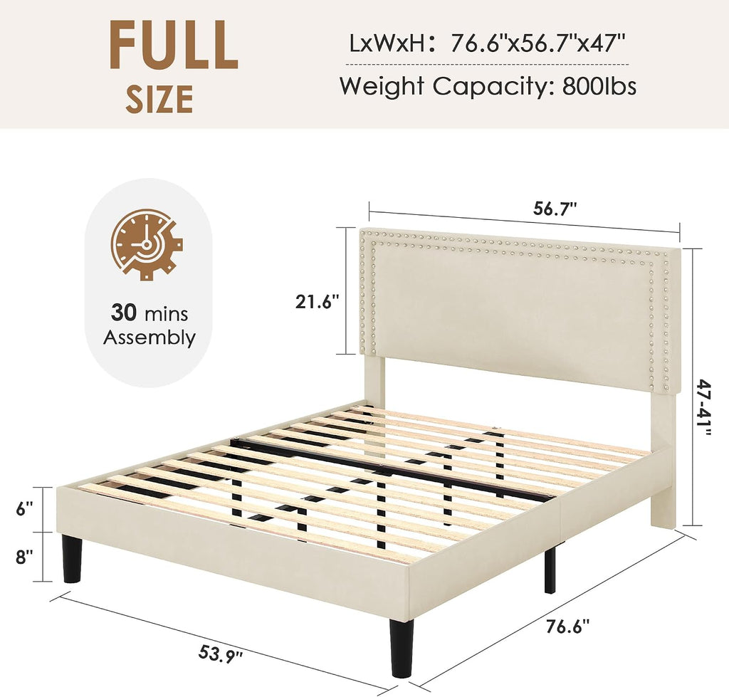 VECELO Full Size Platform Bed Frame with Height Adjustable Upholstered Headboard, Modern Mattress Foundation,Strong Wood Slat Support, No Box Spring Needed, Easy Assembly,Beige