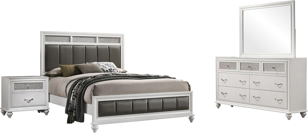 Coaster Home Furnishings Barzini Modern Classic 4-Piece Bedroom Set Leatherette Upholstered Eastern King Size Panel Bed Frame 56-inch Headboard White 205891KE-S4