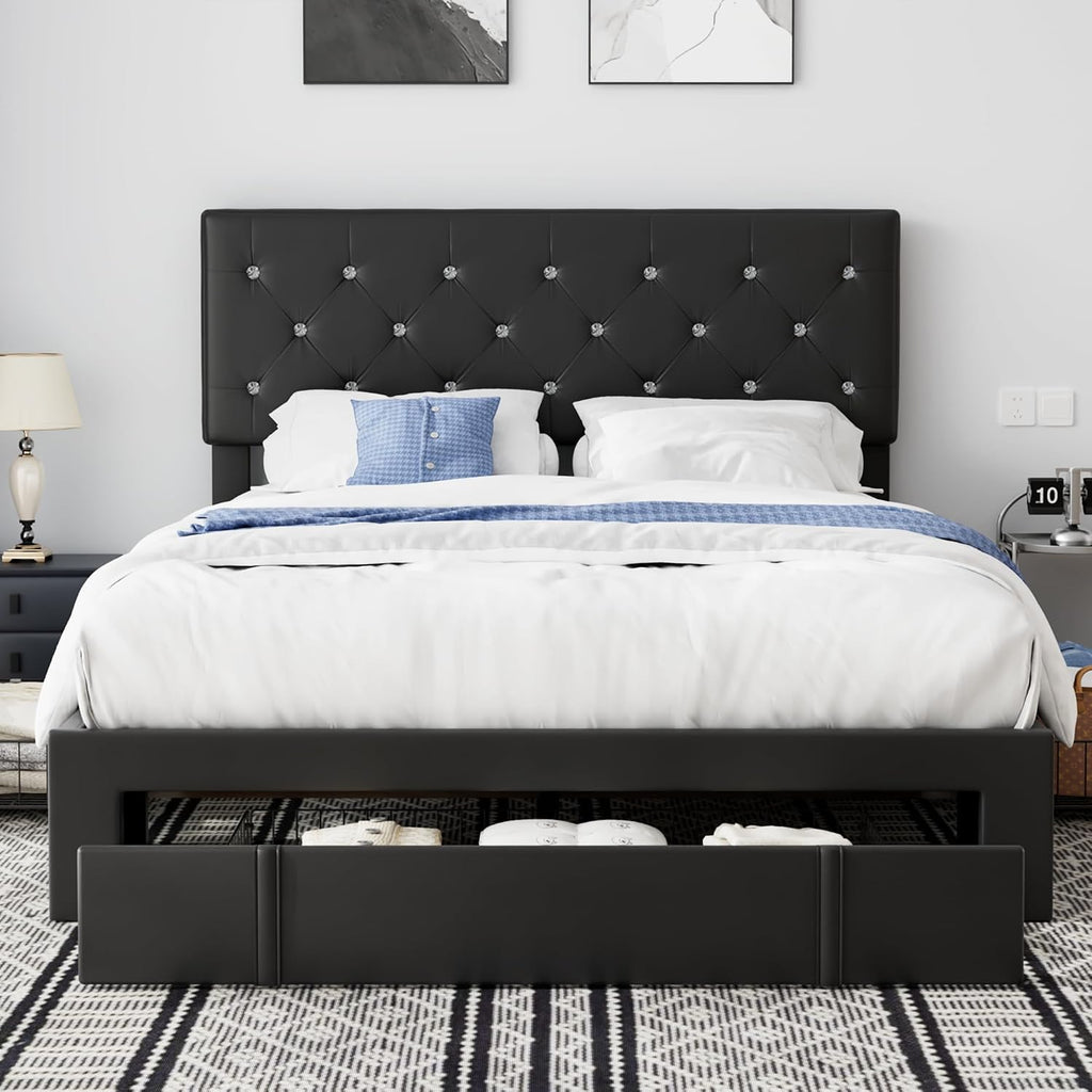 VECELO Queen Size Bed Frame with 3 Storage Drawers, Leather Upholstered with Diamond Tufted Headboard, Solid Wood Slat Support & Steel Framework, PU & Black