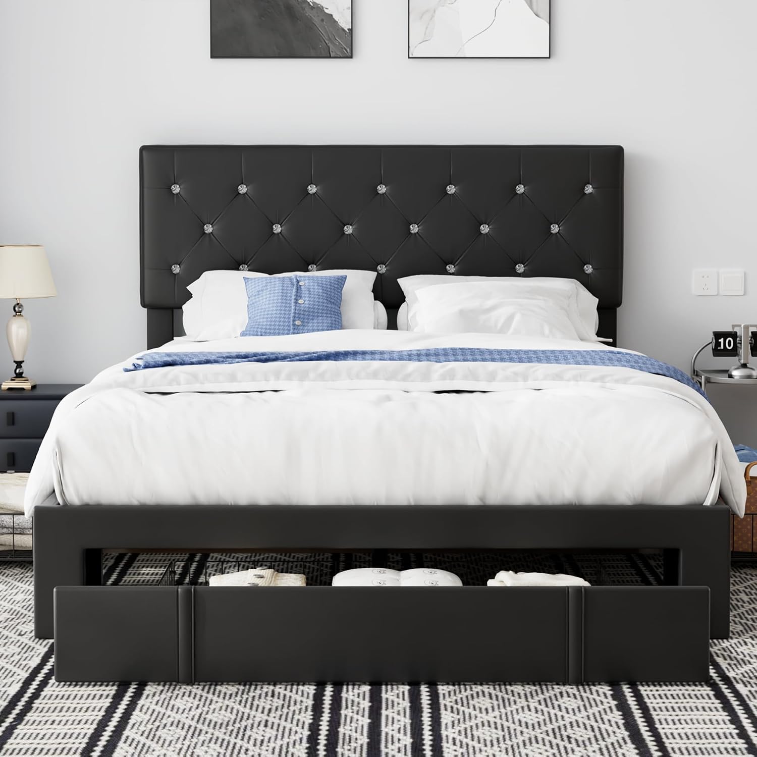 VECELO Queen Size Bed Frame with 3 Storage Drawers, Leather Upholstered with Diamond Tufted Headboard, Solid Wood Slat Support & Steel Framework, PU & Black