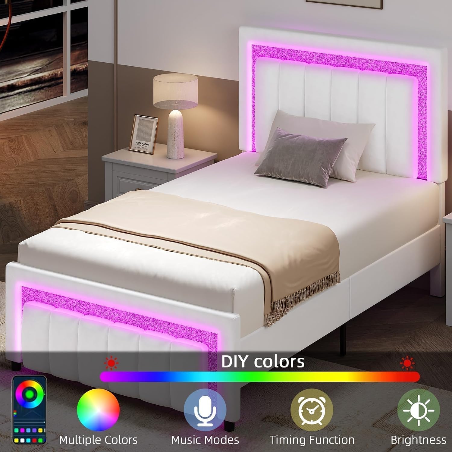 HOMBCK Twin Bed Frame with LED Lights and Velvet Upholstered Adjustable Headboard, Twin Size Bed Frames with Diamond Headboard & Footboard, Wood Slats Support, Noise Free, No Box Spring Needed, White
