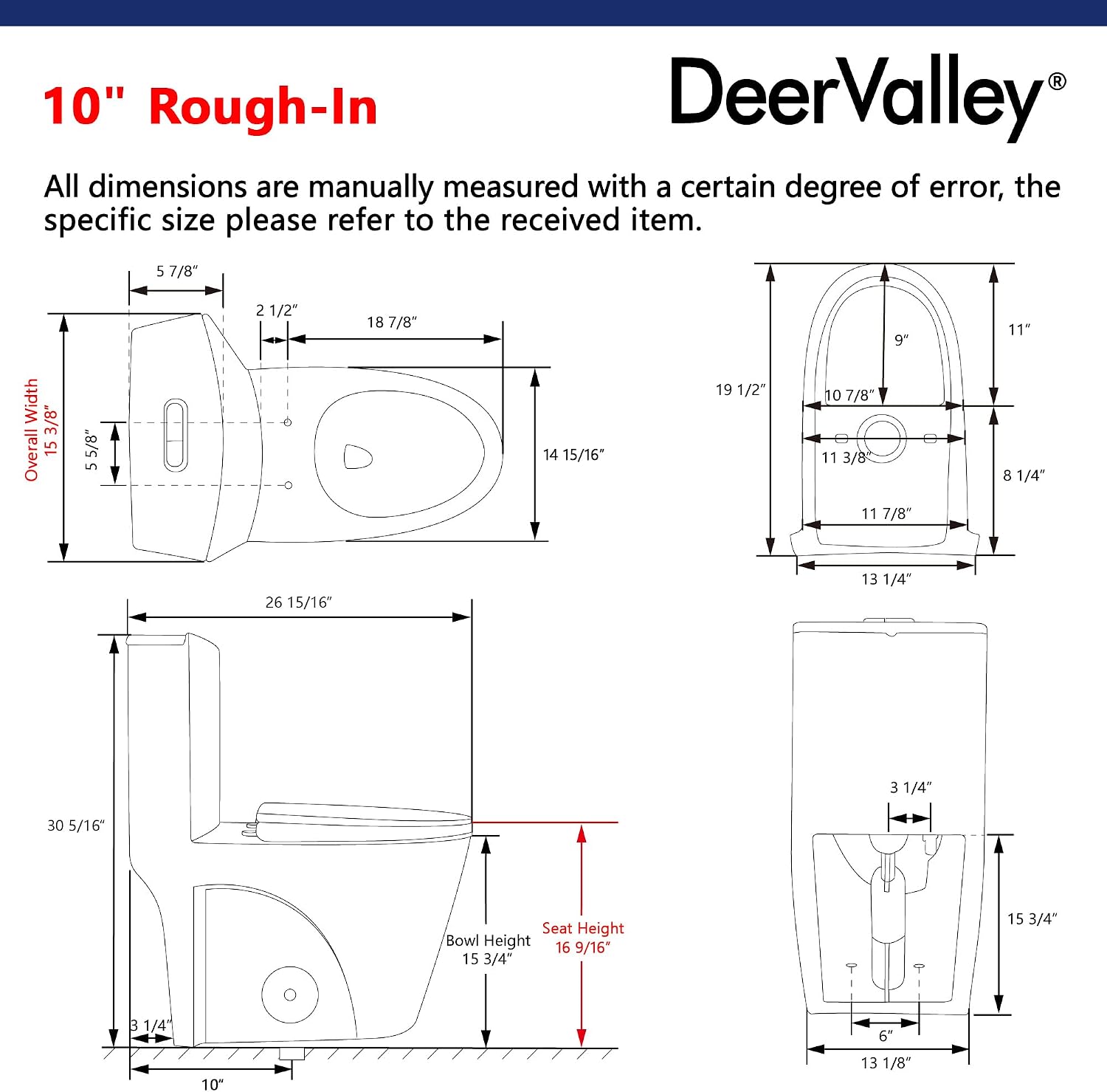 DeerValley Elongated One Piece Toilet with Comfortable Chair Seat Height, Dual Flush Toilet 1.1/1.6 GPF and 10' Rough-in Toilet Bowl DV-1F52102R