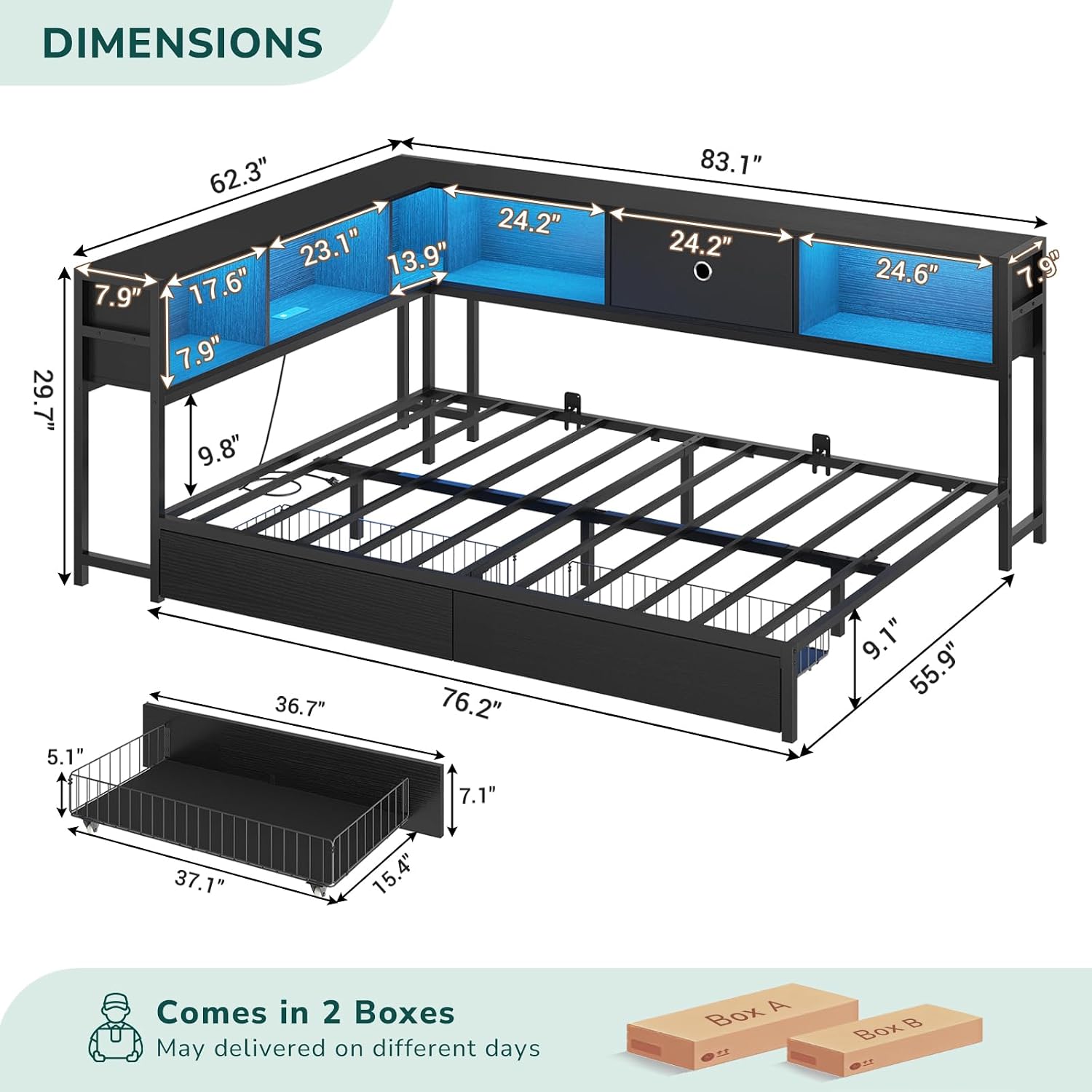 Hasuit Full Corner Bed Frame with Storage Drawers and Bookcase Headboard, Full Size Metal Platform Corner Bed Frame with Charging Station and LED Lights, Full Daybed for Kids Teens Guests, Black
