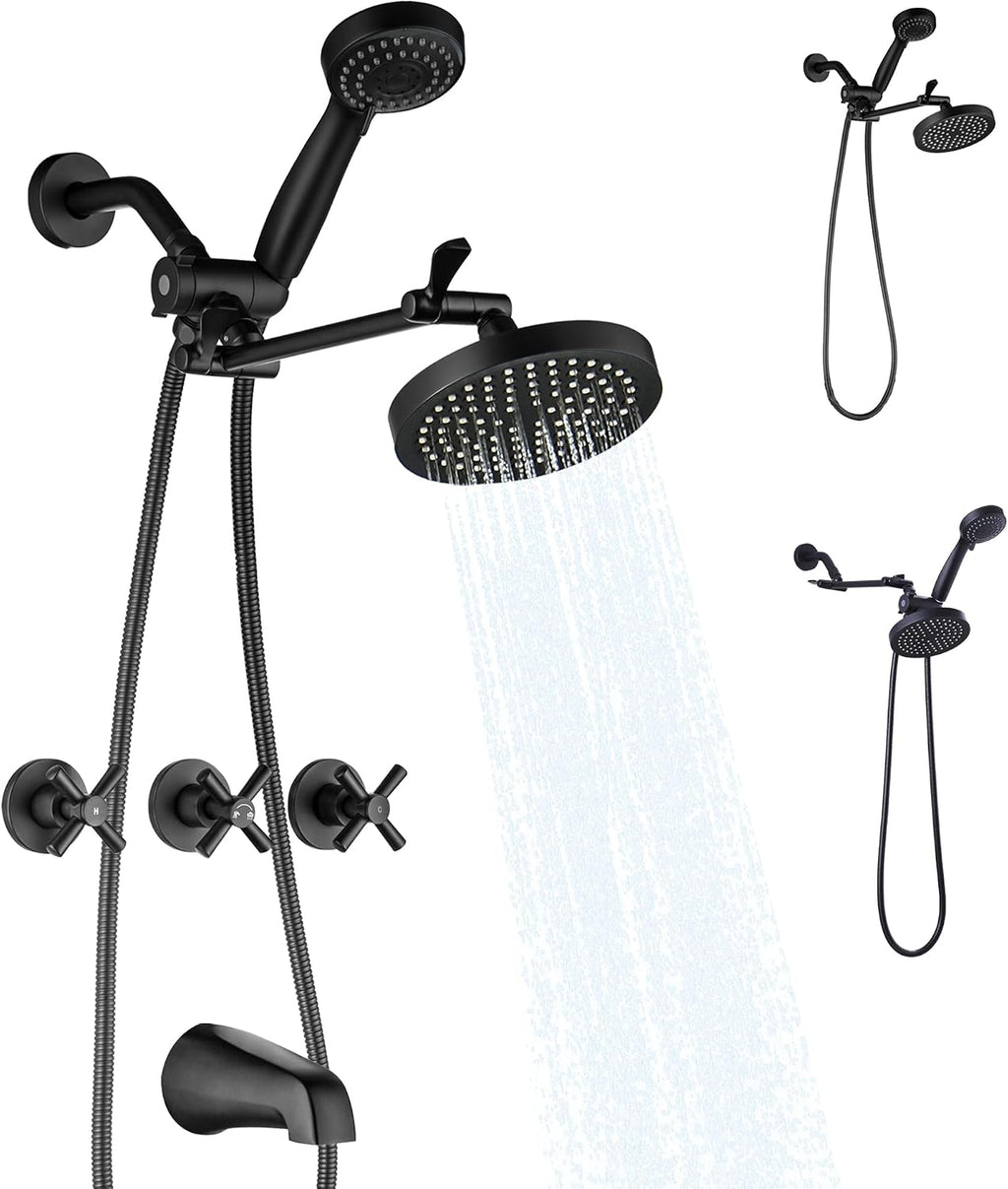 LIWEIKE 3 Handle Tub Shower Faucet Set Matte Black Three Knob Shower Faucet with Tub Spout and Adjustable Extension Shower Arm Roug-in Valve