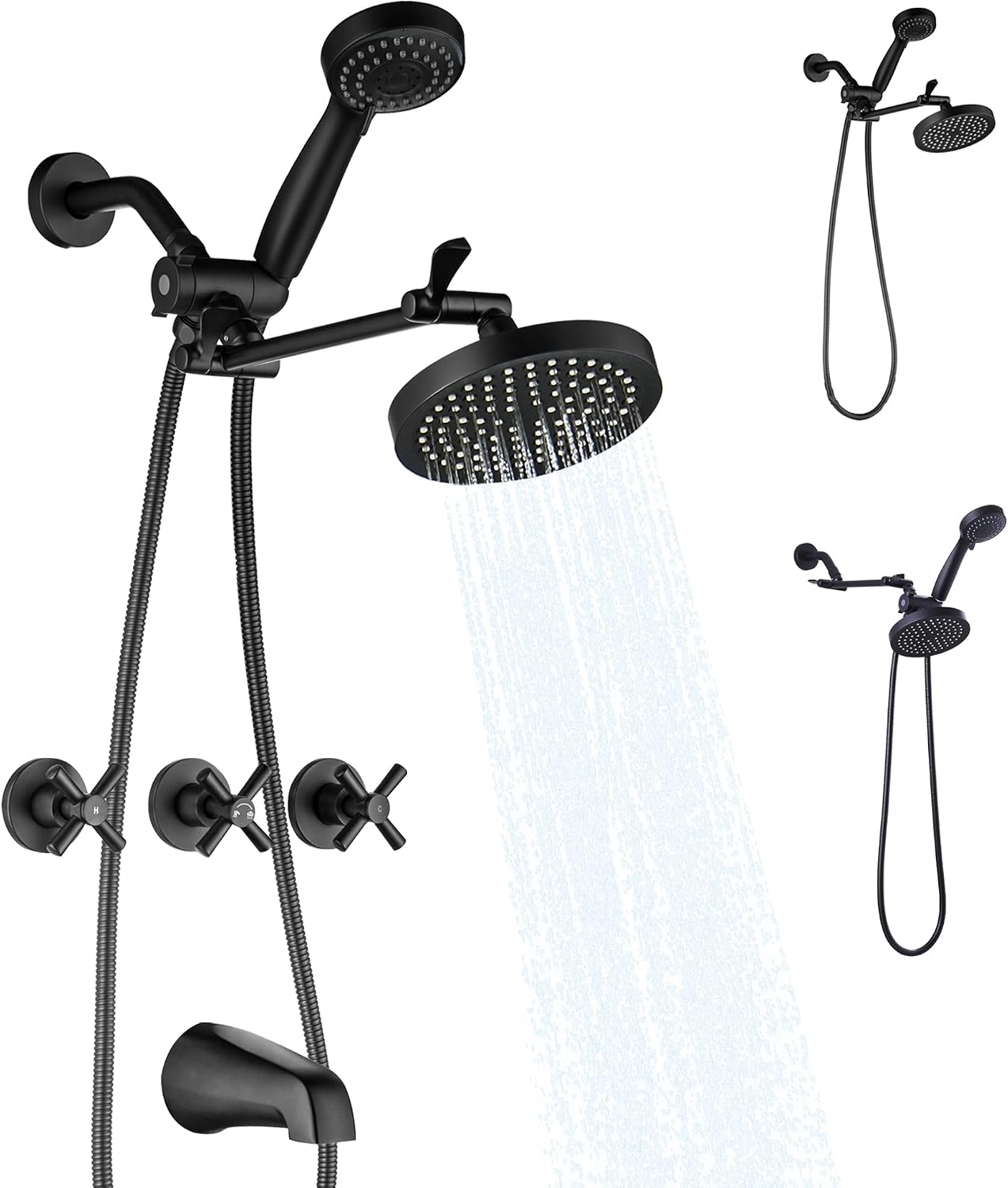 LIWEIKE 3 Handle Tub Shower Faucet Set Matte Black Three Knob Shower Faucet with Tub Spout and Adjustable Extension Shower Arm Roug-in Valve