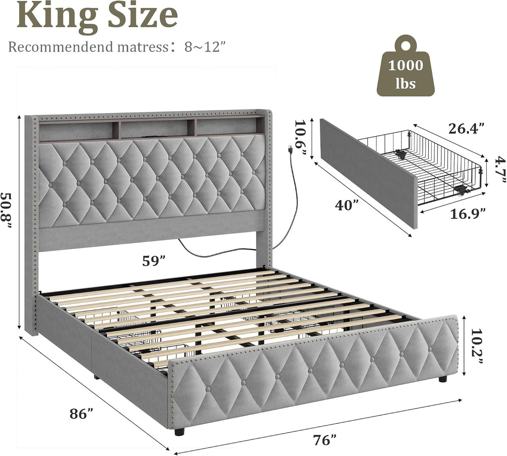 GarveeHome King Size Bed Frame with 50.8' Tall Headboard, Platform Velvet Upholstered Bed Frame with 4 Storage Drawers, USB Charging Station, Led Lights, No Box Spring Needed, Easy Assembly, Dark Grey