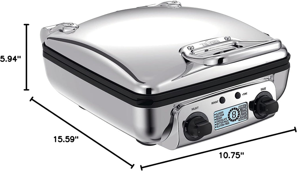 All-Clad Electric Stainless Steel Waffle Maker 4 slice, Digital screen and audible beep alert 7 Browning Levels, Square, Belgium Waffle, Removable Plates, Dishwasher Safe Silver