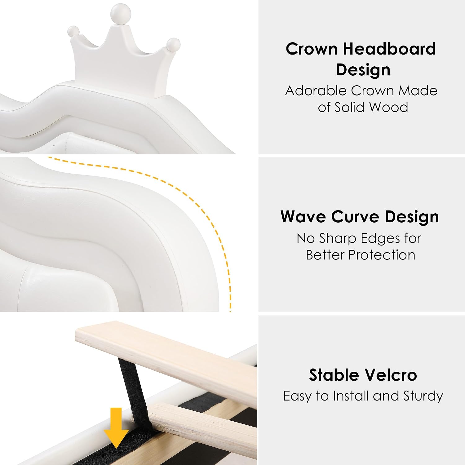 Keyluv Twin Upholstered LED Bed Frame with Storage Drawer, Leather Princess Platform Bed with Adjustable Crystal Button Tufted Crown Headboard, Solid Wooden Slats Support, No Box Spring Needed, White