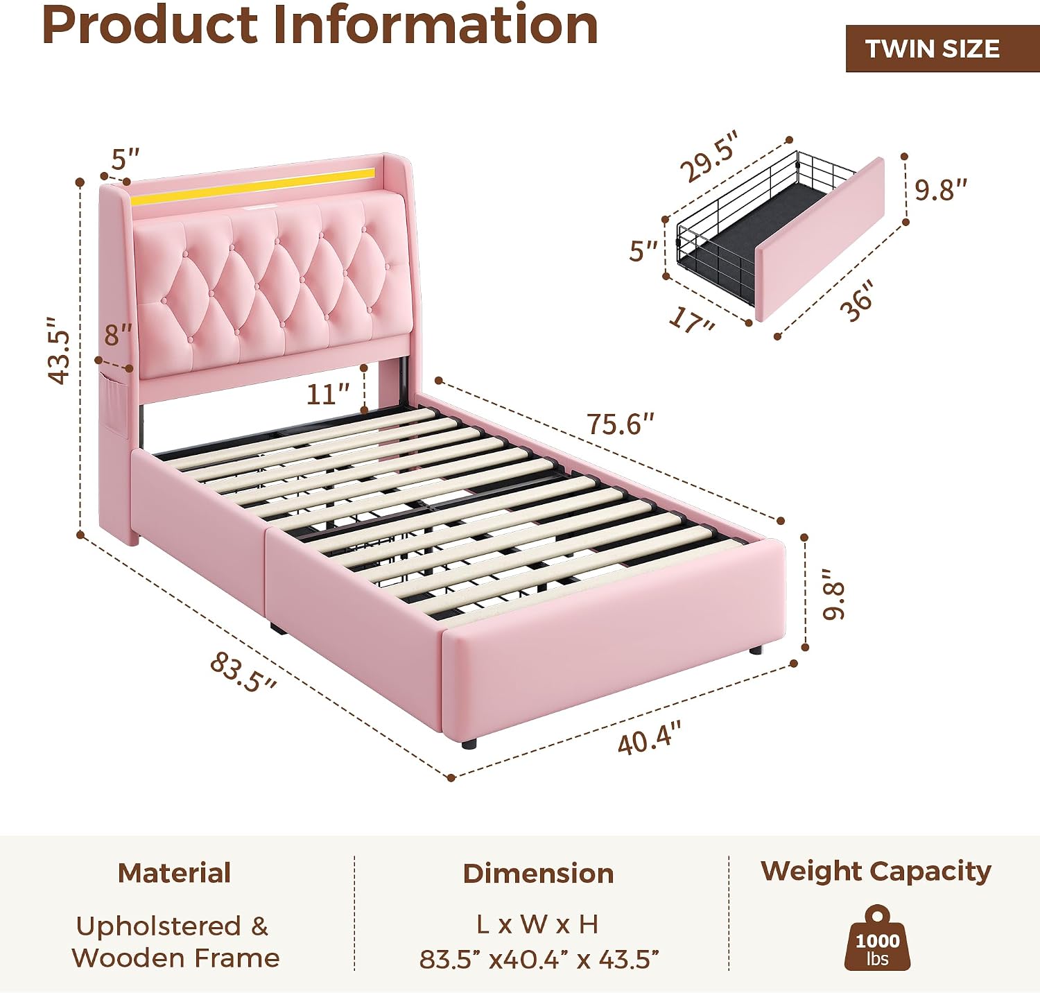 Twin LED Velvet Bed Frame with 2 Storage Drawers&Hidden Headboard, Upholstered Platform Bed with Charging Station&Button Tufted Design, Wooden Slats Support, Box Spring Optional, Easy Assembly, Pink
