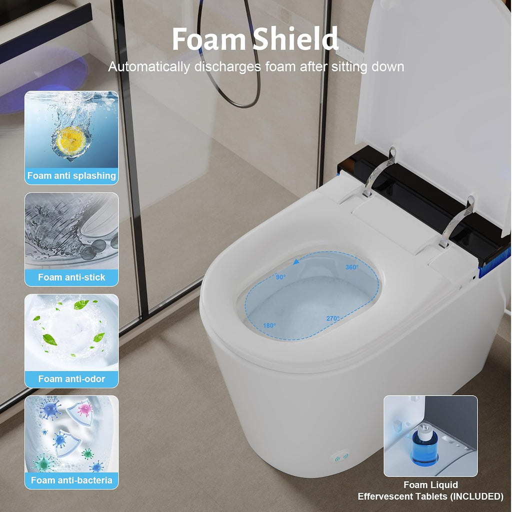 Luxury Smart Toilet with Tank, Elongated Electric Bidet Toilet with Foam Shield, Cleaner Tablets, Dual Auto Flush/Lid&Seat, Foot Sensor, UV-C light, One Piece Toilets with Dryer, LED Display