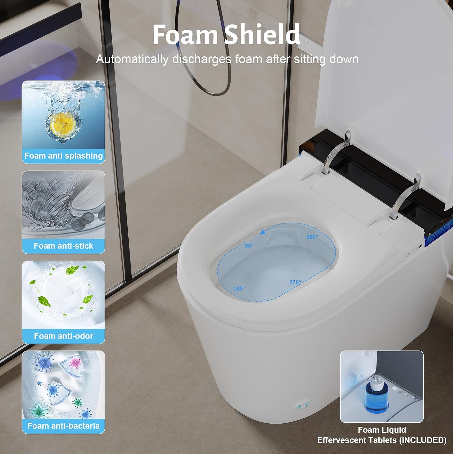 Luxury Smart Toilet with Tank, Elongated Electric Bidet Toilet with Foam Shield, Cleaner Tablets, Dual Auto Flush/Lid&Seat, Foot Sensor, UV-C light, One Piece Toilets with Dryer, LED Display