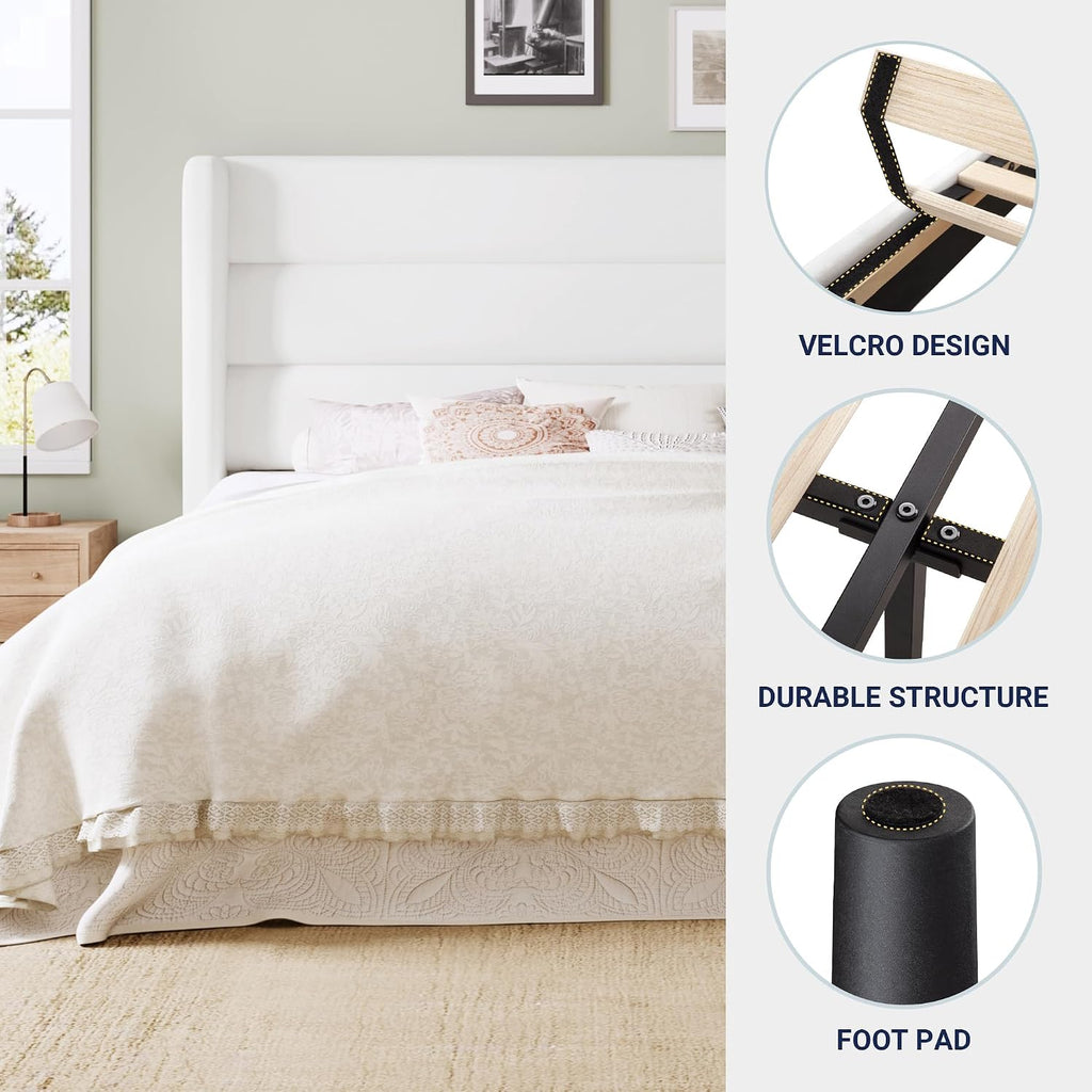 Allewie King Size Platform Bed Frame with Velvet Upholstered Wingback Headboard, No Box Spring Needed, Under Bed Storage Space, Strong Wooden Slats, Modern Mattress Foundation, Easy Assembly, White