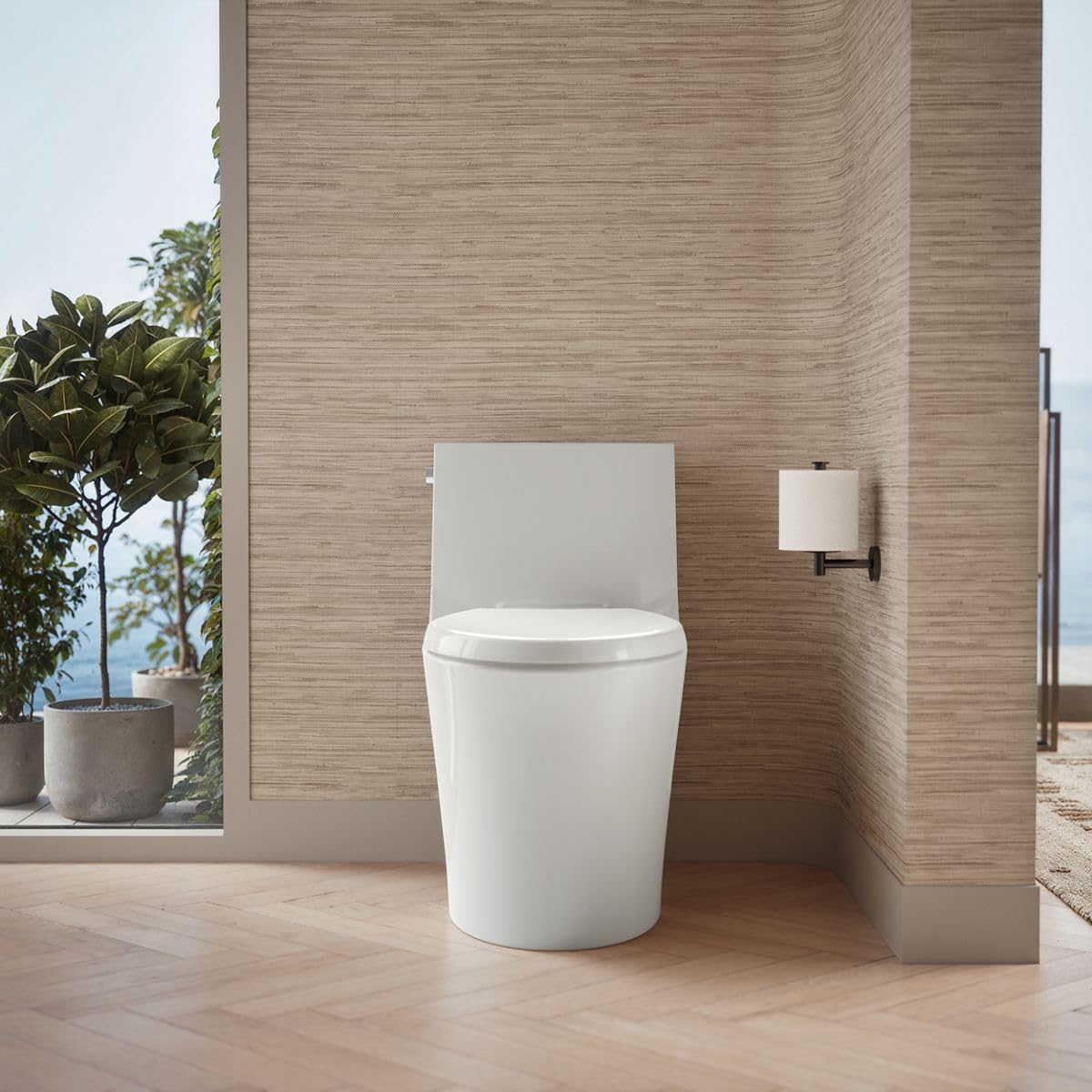 KOHLER Veil One-Piece Skirted Toilet, Dual Flush, Elongated Bowl, Skirted Trapway, White, Hidden Cord Option, Conceals Bidet Seat Cords, K-1381-HC-0
