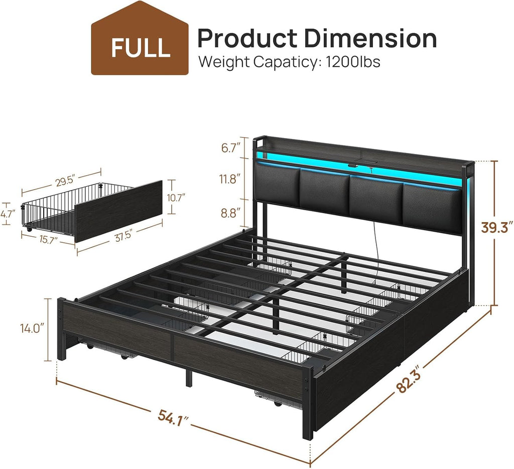 Rolanstar Bed Frame Full Size with Charging Station and LED Lights, Upholstered Storage Headboard with Drawers, Heavy Duty Metal Slats, No Box Spring Needed, Easy Assembly, Black