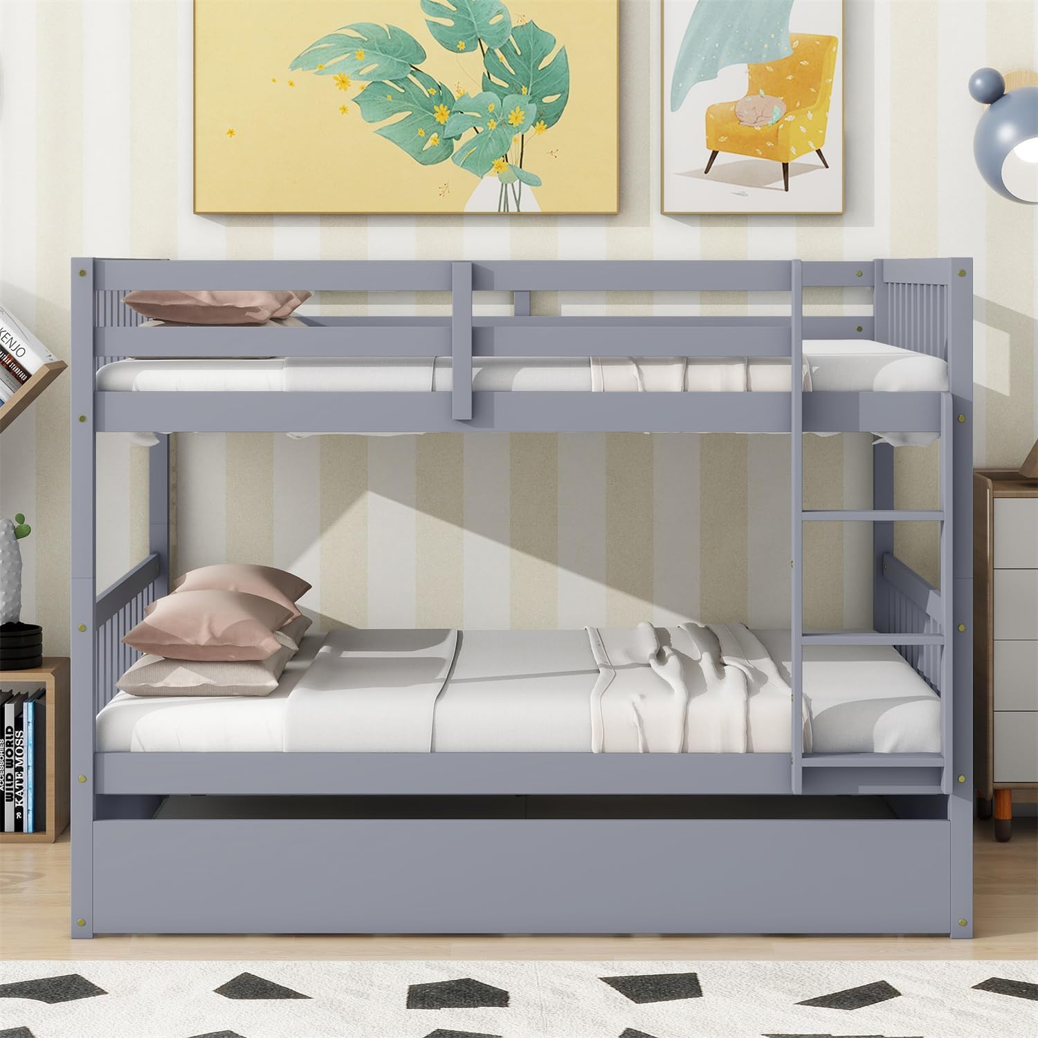 Harper & Bright Designs Full Over Full Bunk Bed with Twin Size Trundle, Separatable 2 Beds in 1, Wooden Bed Frame with Ladder, Grey