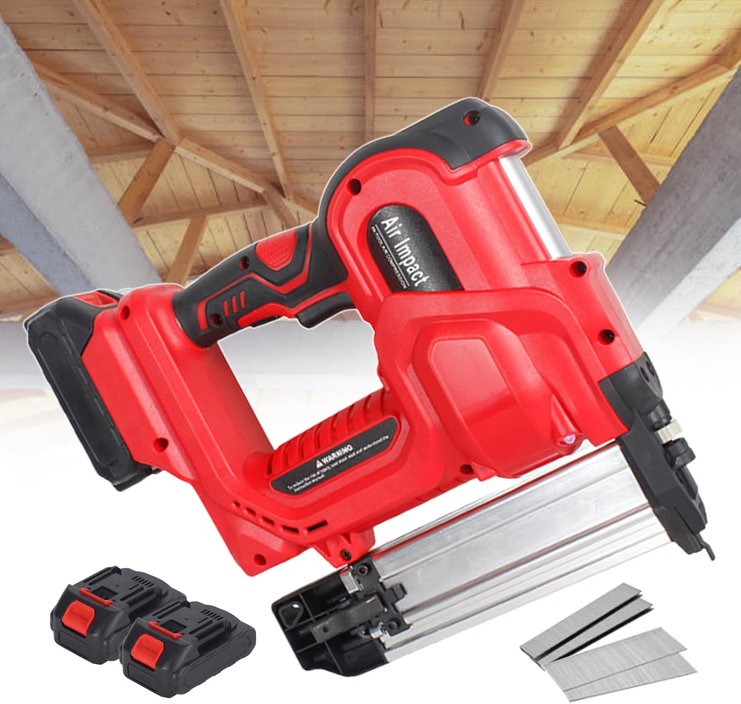 Cordless Nailer, 2 in 1 Electric Stapler for Upholstery/Roof Frames/Woodworking, Handheld Brad Nailer, for Staples & Straight Nails, with 2 * 2.0 Ah Removable Batteries,Red