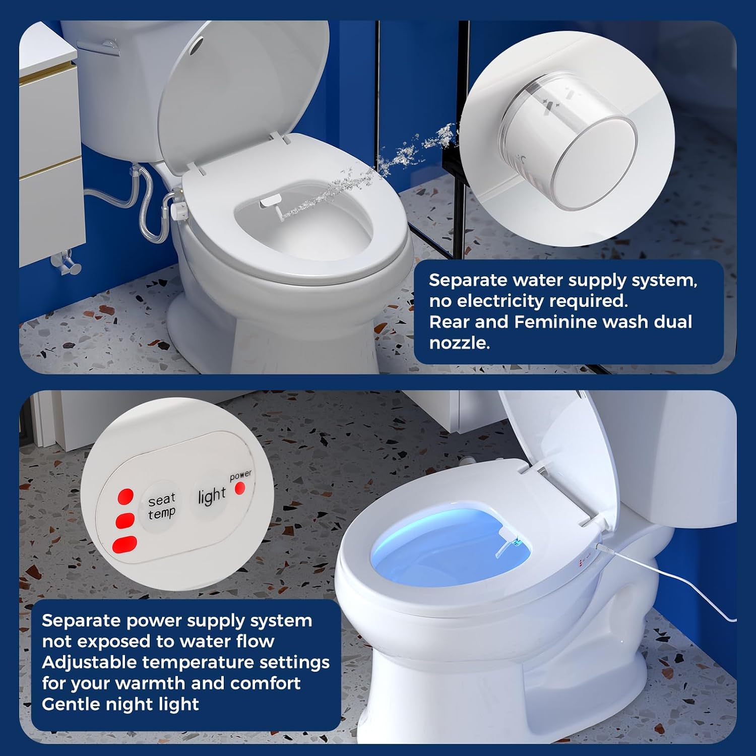 Clirass Round Heated Toilet Seat with Night Light, Three Temperature Settings Heated Seat,70 in Power Cord, Fit Round Toilet, Cold Water Bidet Function Toilet Seat With Slow Close