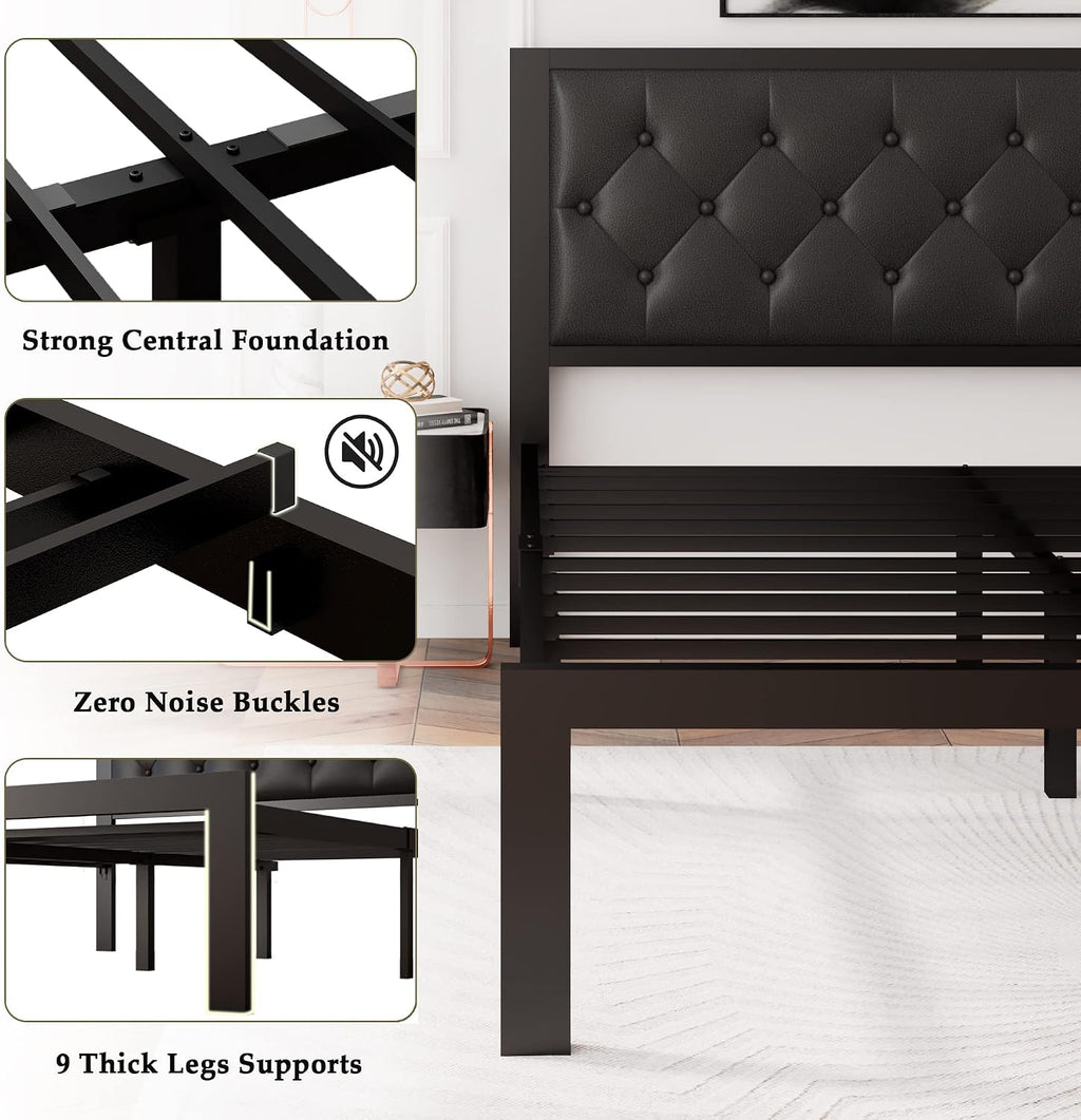 Feonase Queen Size Metal Bed Frame with Faux Leather Button Tufted Headboard, Heavy-Duty Platform Bed Frame with 12' Storage, Steel Slats Support, No Box Spring Needed, Noise Free, Black