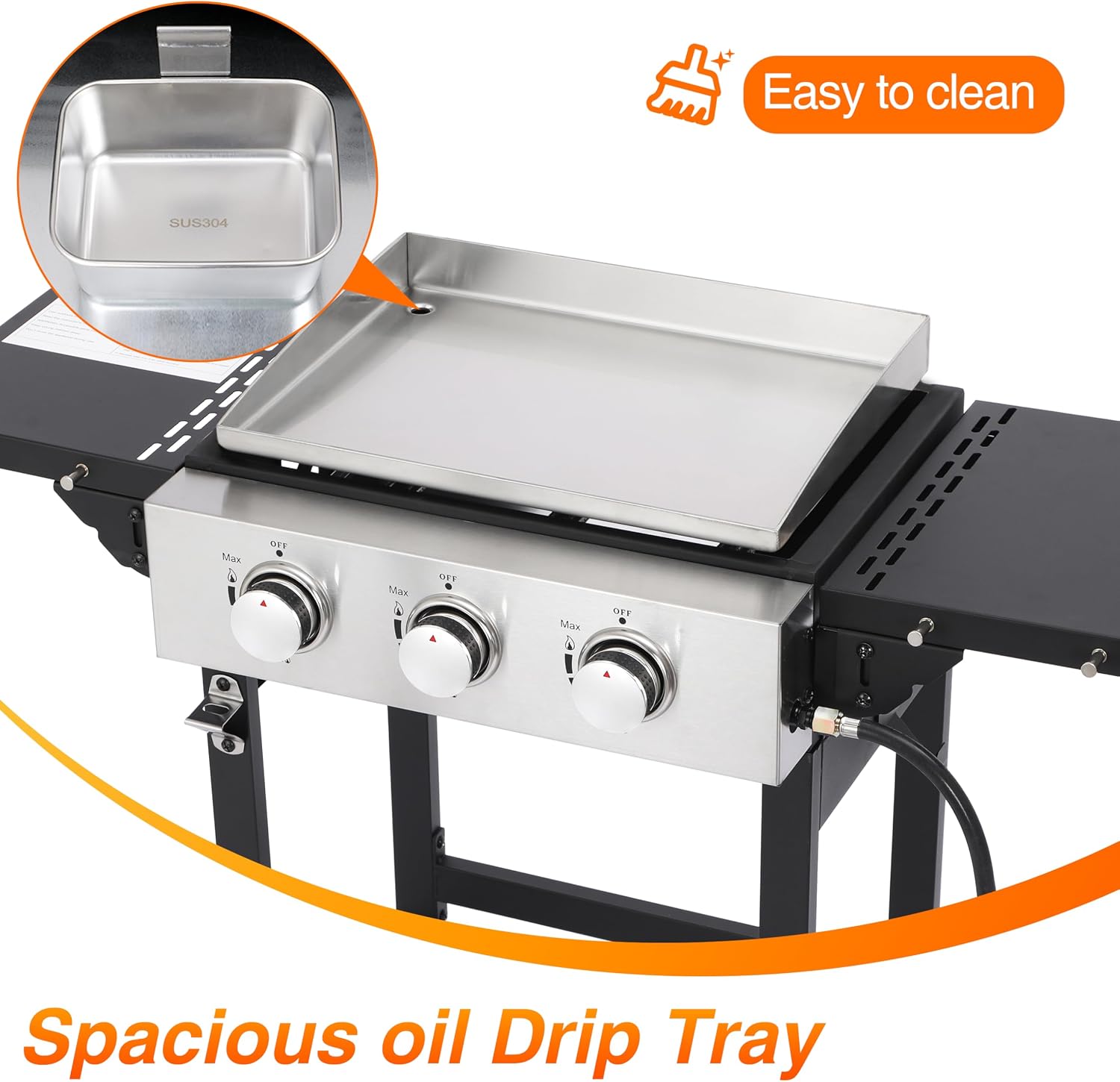3 Burner Propane Flat Top Grill, 18 Inch Stainless Steel Griddle with Detachable Tabletop & Cart, BBQ Cooker with Side Shelf & 2 Wheels, 28,650 BTU, Dust Cover & Hose for Camping Tailgating