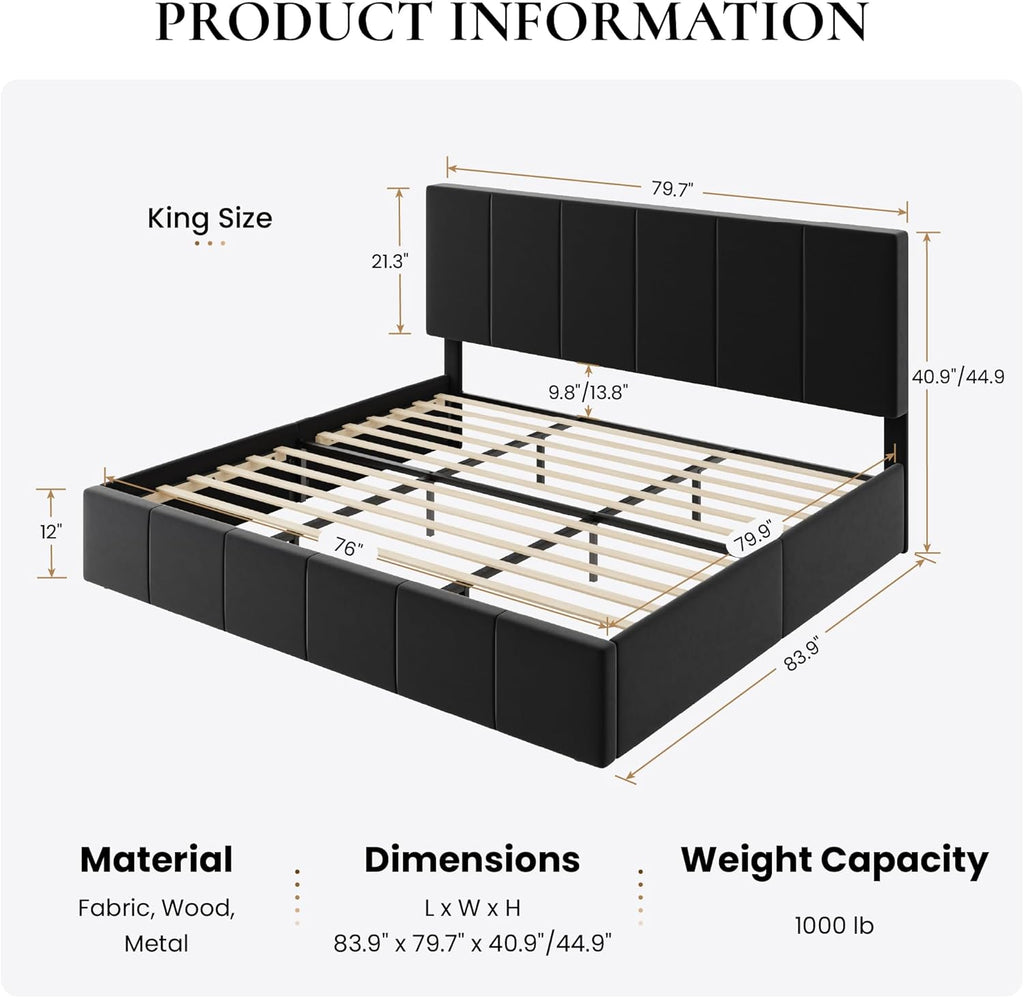 SHA CERLIN King Size Bed Frame, Velvet Upholstered Platform Bed, Vertical Channel Tufted Adjustable Headboard, Low Profile Bed Frame, No Box Spring Needed, Easy Assembly, Black