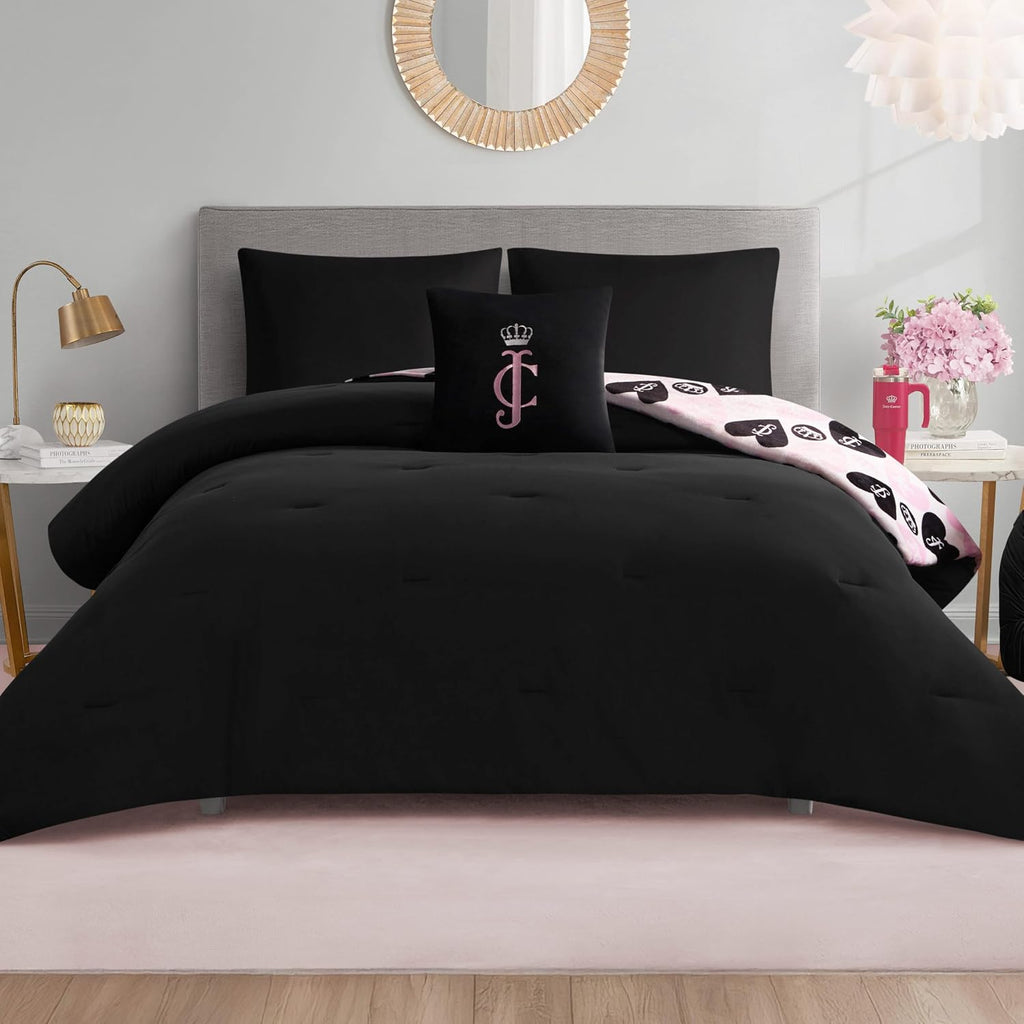 Juicy Couture Plush Reversible Queen Heart Logo 3-Piece Twin/Twin XL Comforter Set with Decorative Pillow, Pink