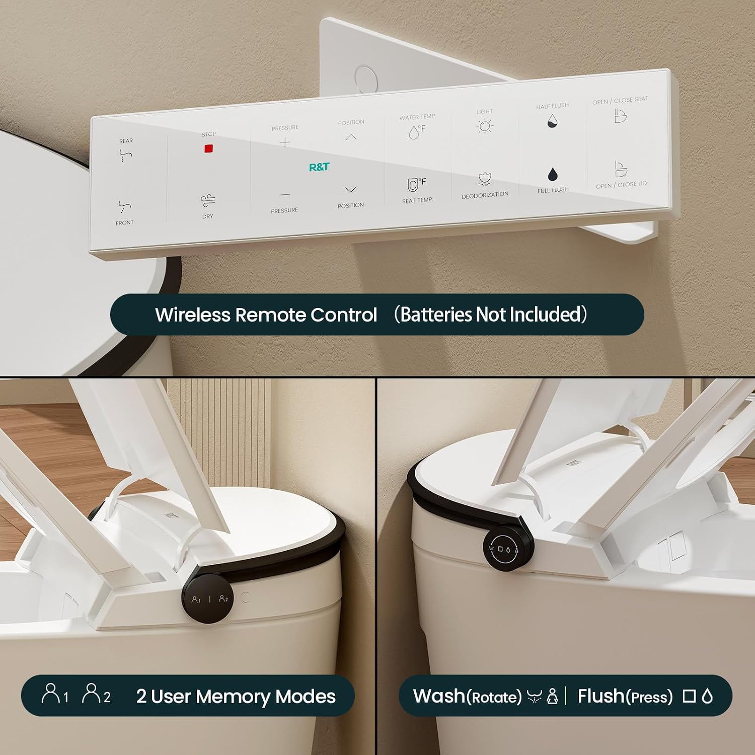 R&T FA59-T Smart Toilet – Auto Open & Flush, Heated Seat, Warm Water Bidet, Air Dryer, Dual Flush (1.1/1.6 GPF), Deodorizer, Night Light, Power Outage Flush, 2-User Presets