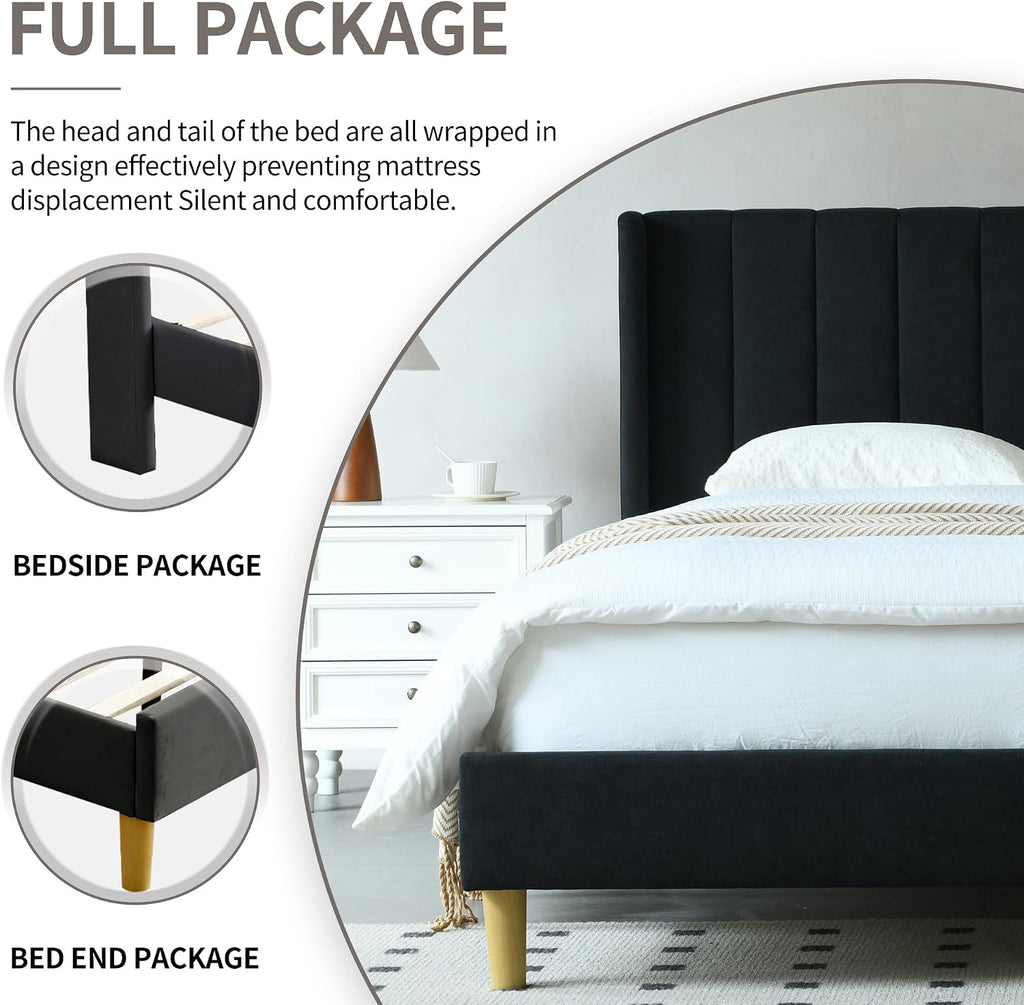 YUHUASHI upholstered Platform Bed Frame/King Bed Frame/Modern Geometric Double-Wing Design headboard/Linen Fabric/Easy to Assemble no Noise (Black, King (U.S. Standard))