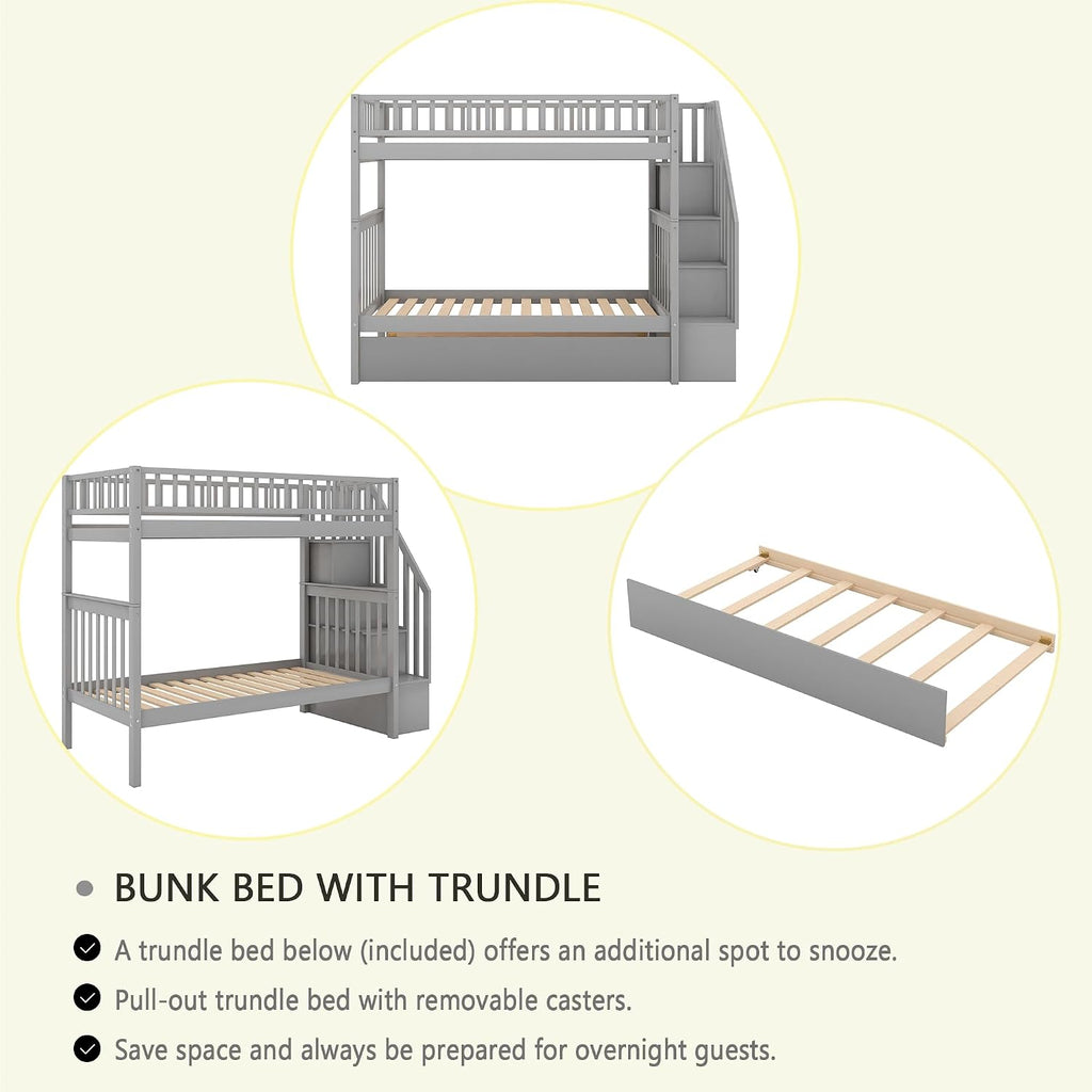 Harper & Bright Designs Twin-Over-Twin Bunk Bed with Trundle and Storage Staircase, Solid Wood 3 in 1 Stairway Bunk Bed with Trundle