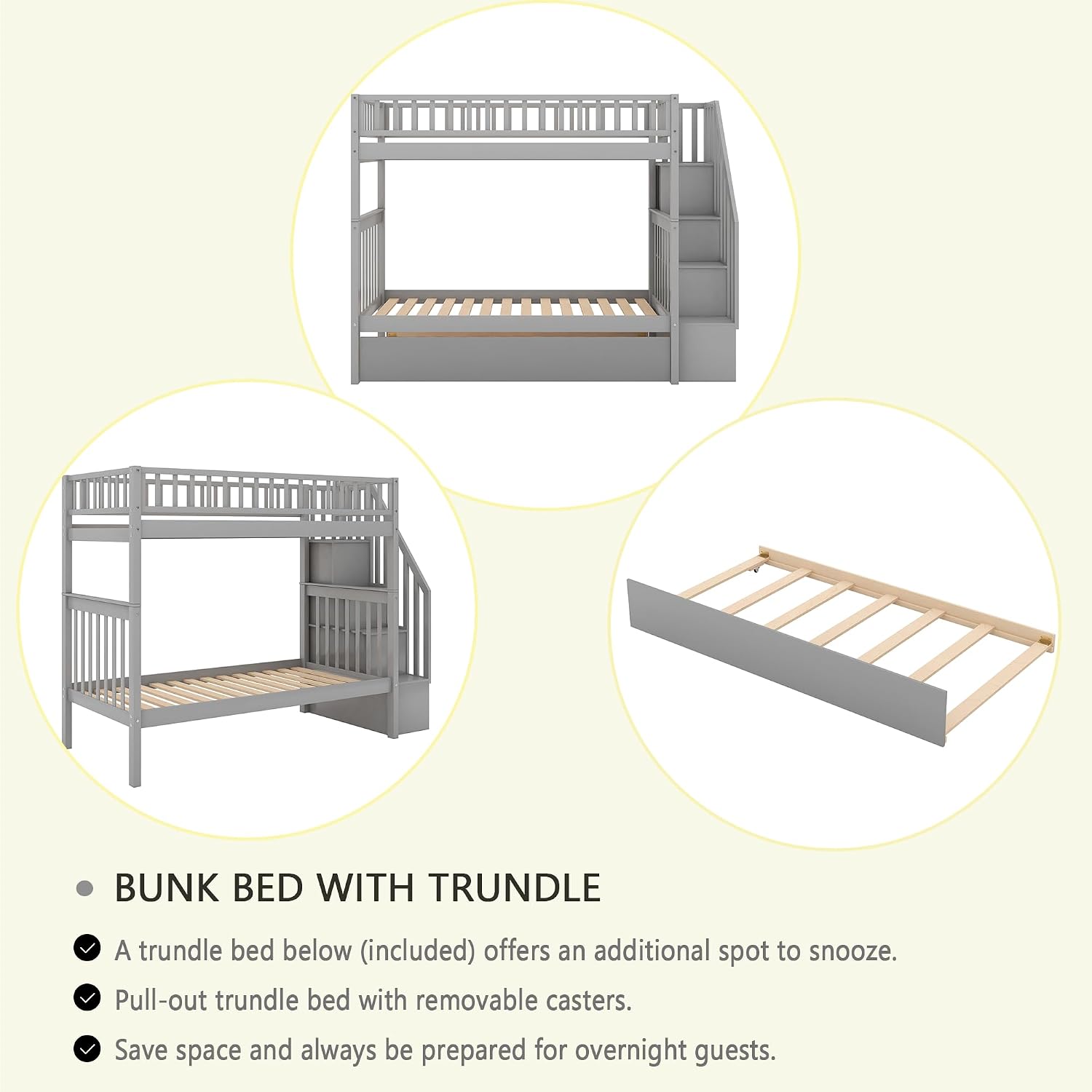 Harper & Bright Designs Twin-Over-Twin Bunk Bed with Trundle and Storage Staircase, Solid Wood 3 in 1 Stairway Bunk Bed with Trundle