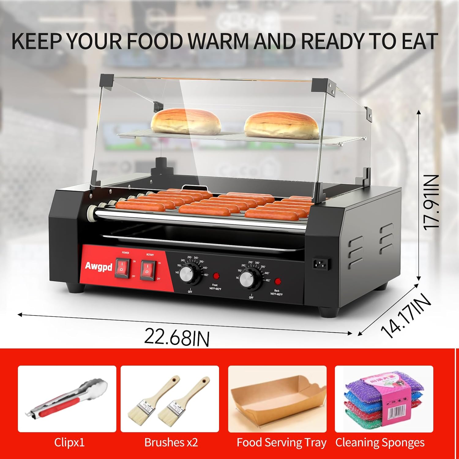Hot Dog Roller, 18 Hot Dog 7 Rollers, Stainless Steel Hot Dog Cooker, 1050W Commercial Hot Dog Machine with Dual Temp Control, Cover, Removable Shelf & Oil Drip Tray(7 Rollers+Cover)
