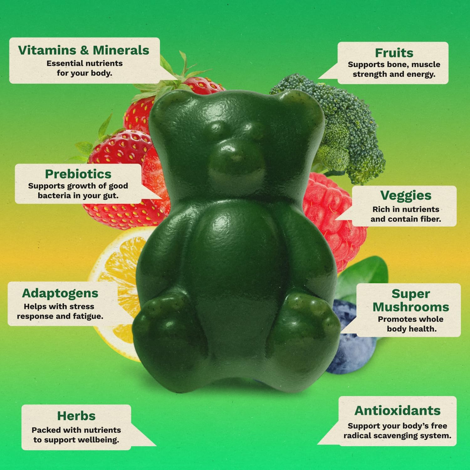 Gruns Adult Super Greens Multivitamin Gummies, Superfood Gummy Vitamins for Women and Men with Spirulina, Chlorella, Adaptogens & Prebiotic Fiber for Digestive Health (28 Count) (Pack of 2)