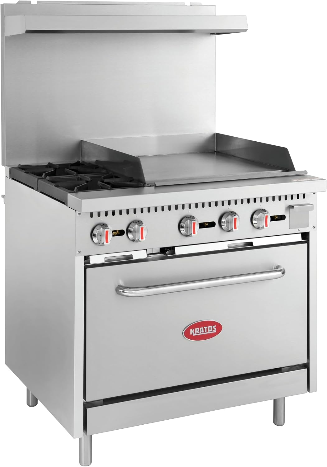 Kratos 36' Wide Commercial Gas Range with 24' Griddle, 2 Burners, and Full Size Oven, Stainless Steel Range for Restaurants, 130,000 BTU, Liquid Propane (29Y-047-LP)