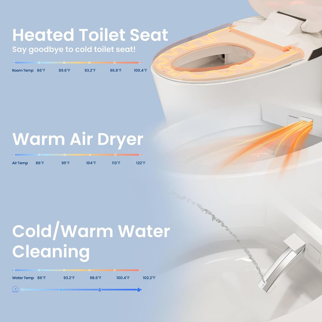 Smart Toilet with Bidet Built-in, Heated Seat, Booster Pump Assisted, Auto Flush, Warm Water, Air Dryer, Deodorization, Modern Smart Toilets for Bathrooms, White