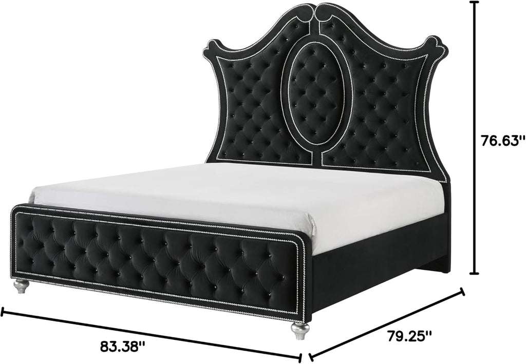 6pc Contemporary Black Finish Luxury Upholstered King Size Panel Bed Set Arched Headboard Master Bedroom Furniture