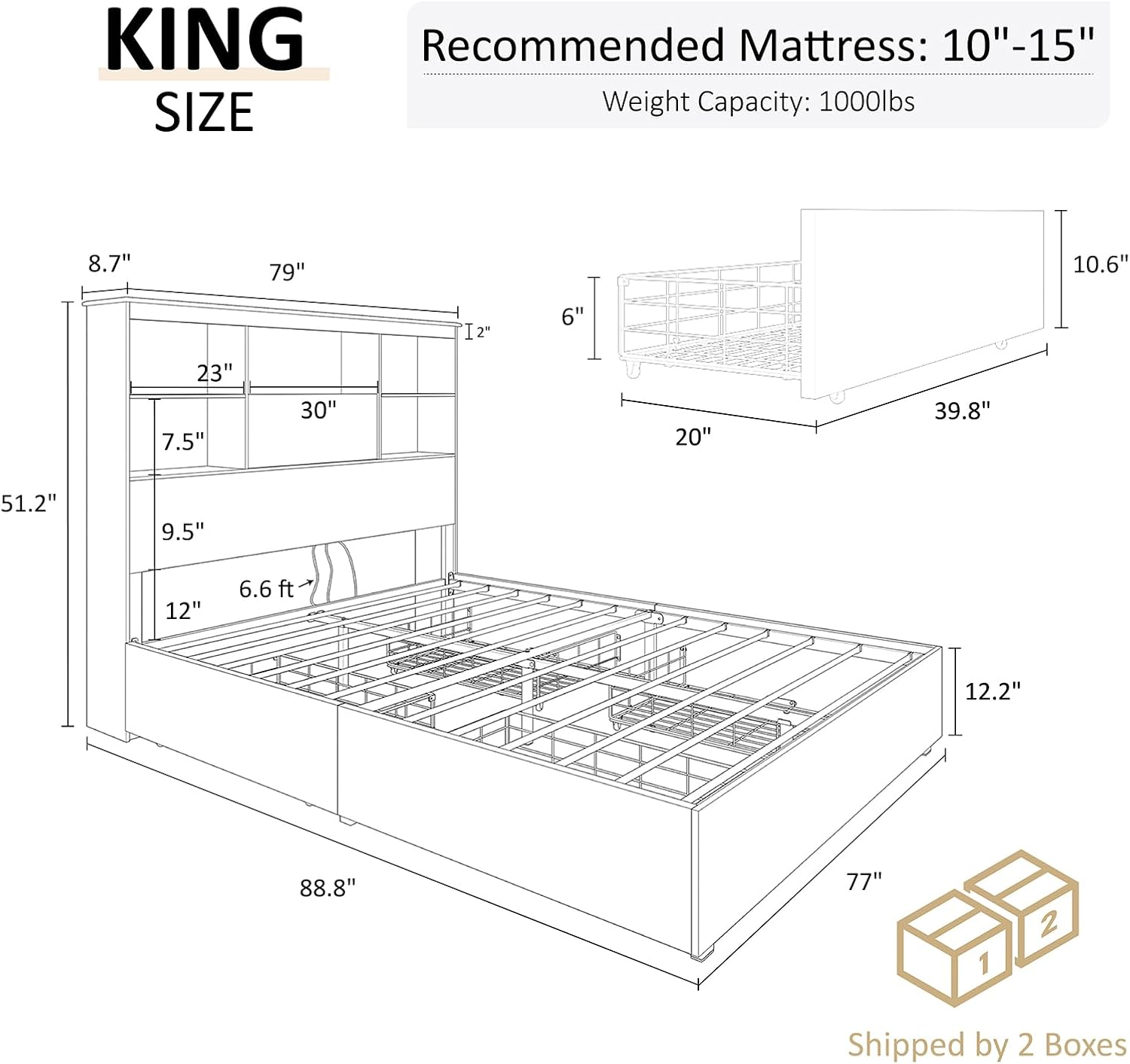 AMERLIFE King Size Bed Frame Wooden Platform Bed with 51.2' Storage LED Bookcase Headboard, 4 Storage Drawers & Charging Station/No Box Spring Needed/Noise Free/Rustic Grey