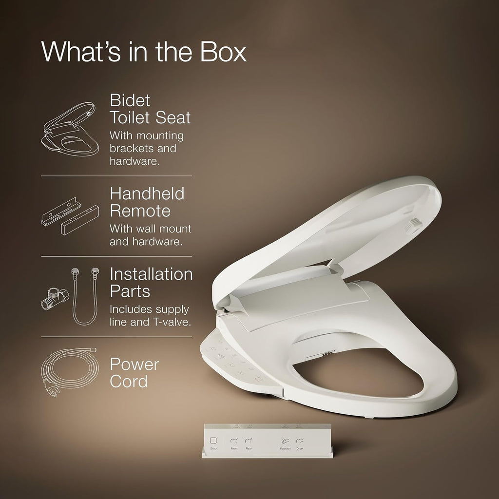 Kohler PureWash E725 Heated Bidet Toilet Seat Elongated, Biscuit with Remote, Warm Water, Dryer, Quiet-Close Lid, Self-Cleaning Wand, Adjustable Water Pressure, Nightlight