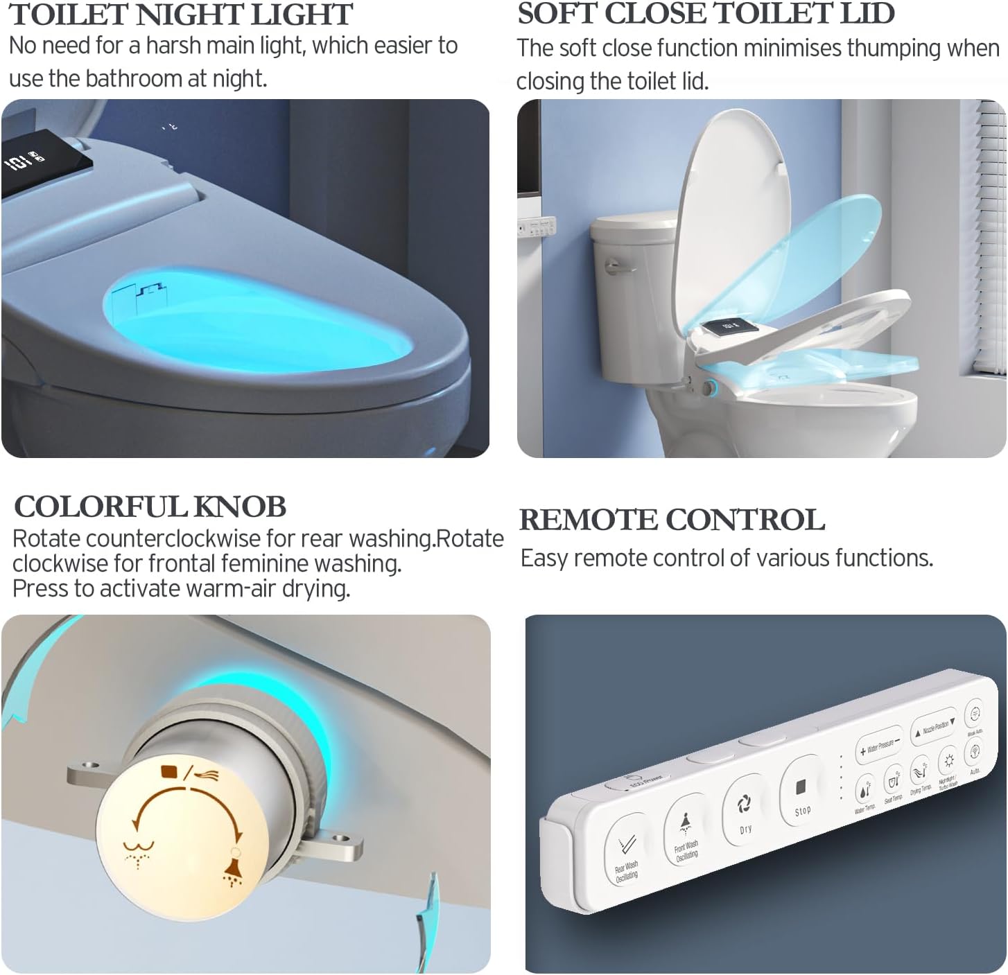 XCQQ Electric Bidet Toilet Seat with Remote Control, Heated Bidet Seat, Warm Water Wash, Warm Air Drying, Rear & Front Wash, Self-Cleaning Nozzle, Night Light, LED Display Requires Outlet - Elongated