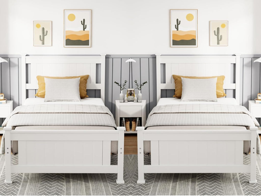 VINGLI Twin Bed Frame Set of 2 Solid Wood Platform Bed Frame, Single Bed with Headboard, No Box Spring Needed Panel Bed, Wood Slat Support Mattress Foundation, White