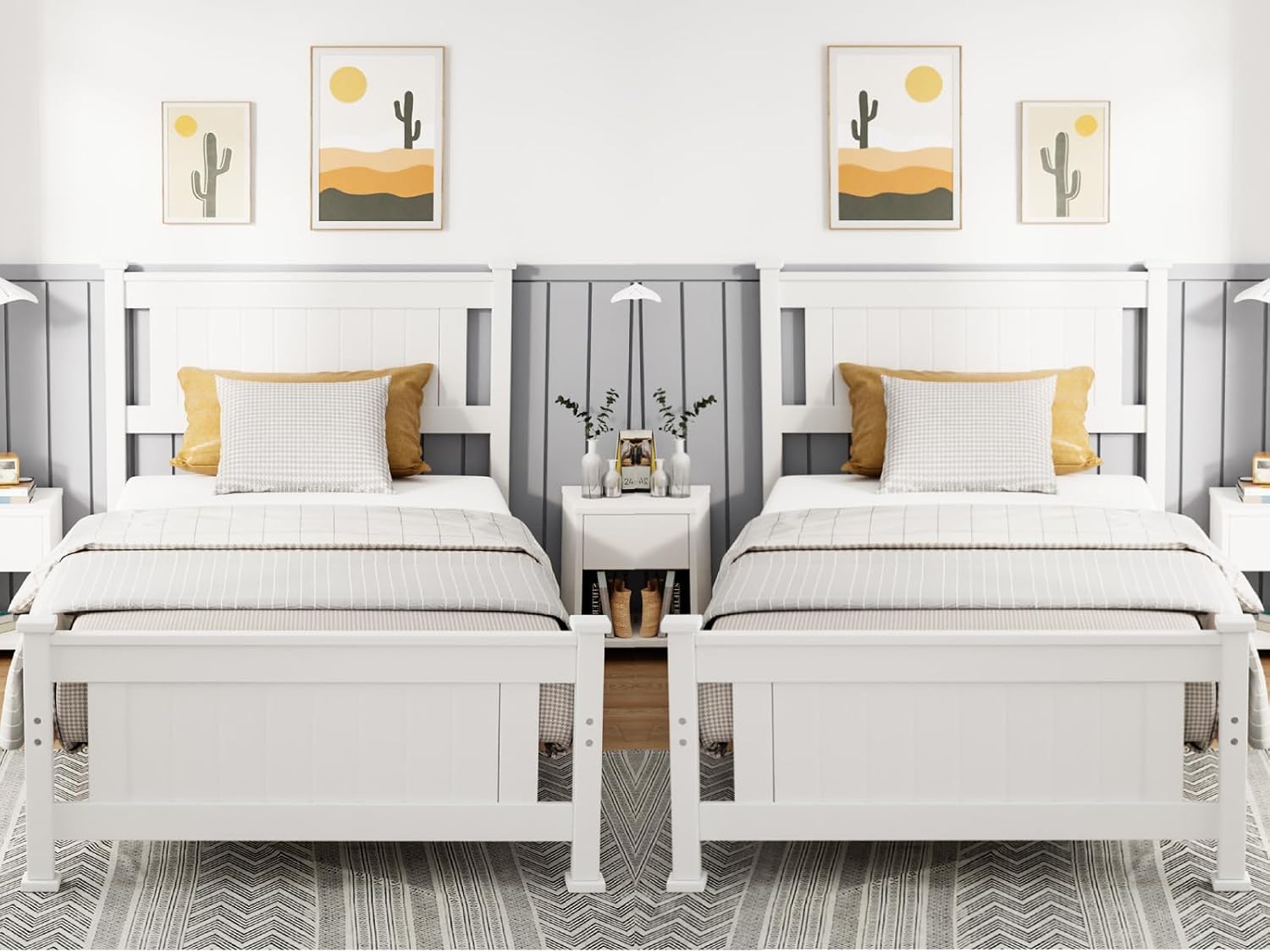 VINGLI Twin Bed Frame Set of 2 Solid Wood Platform Bed Frame, Single Bed with Headboard, No Box Spring Needed Panel Bed, Wood Slat Support Mattress Foundation, White