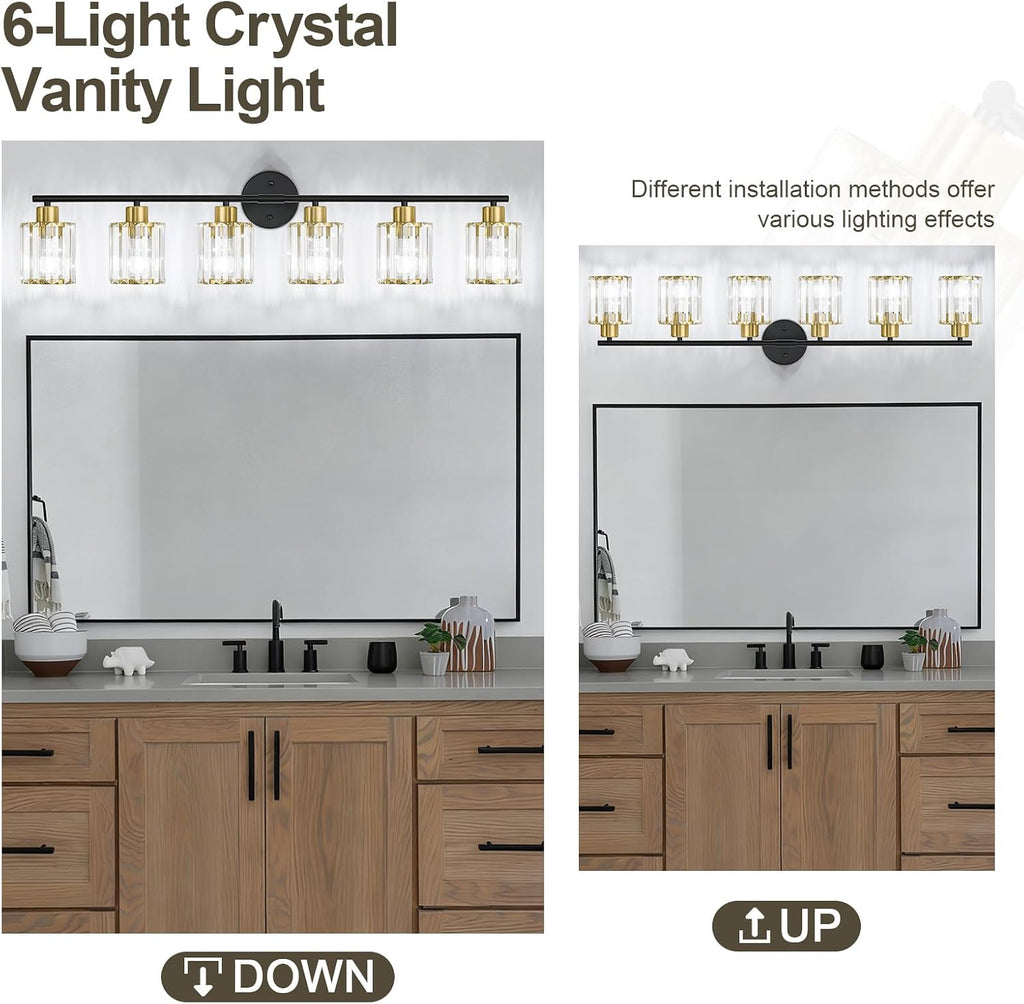 Crystal Bathroom Light Fixtures,Bathroom Lighting Fixtures Over Mirror, Modern 6-Light Brushed Nickel Vanity Lights for Mirror, Restroom,Kitchen(Ceramic E26 Socket,Bulbs Not Include)