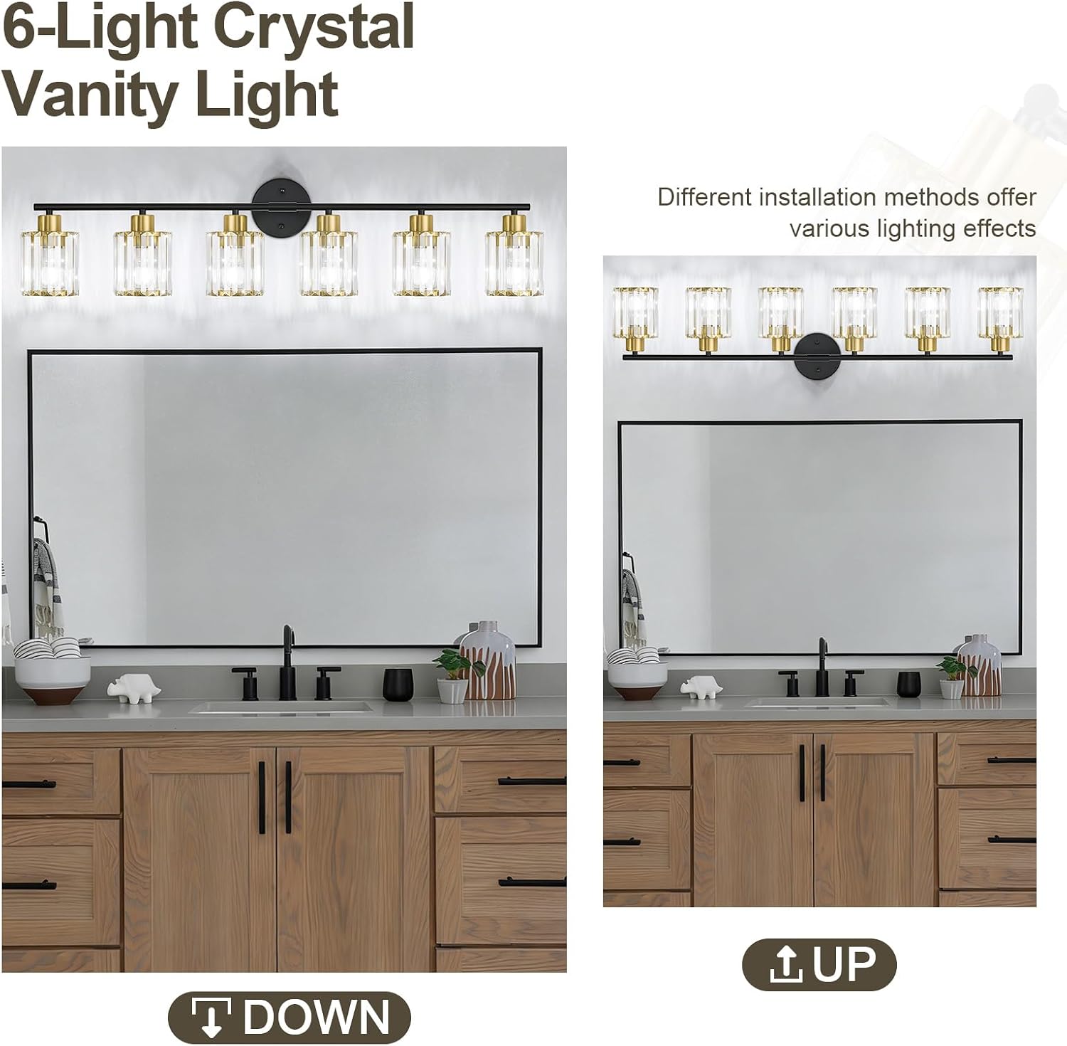 Crystal Bathroom Light Fixtures,Bathroom Lighting Fixtures Over Mirror, Modern 6-Light Brushed Nickel Vanity Lights for Mirror, Restroom,Kitchen(Ceramic E26 Socket,Bulbs Not Include)