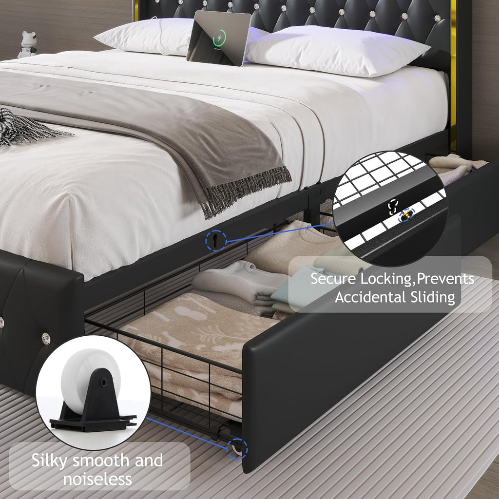 E-Motie Full Size Bed Frame with Wingback Headboard, Upholstered Platform Bed with RGB LED Lights, Charging Station, 4 Storage Drawers & Metal Slat Support, No Box Spring Needed, Black