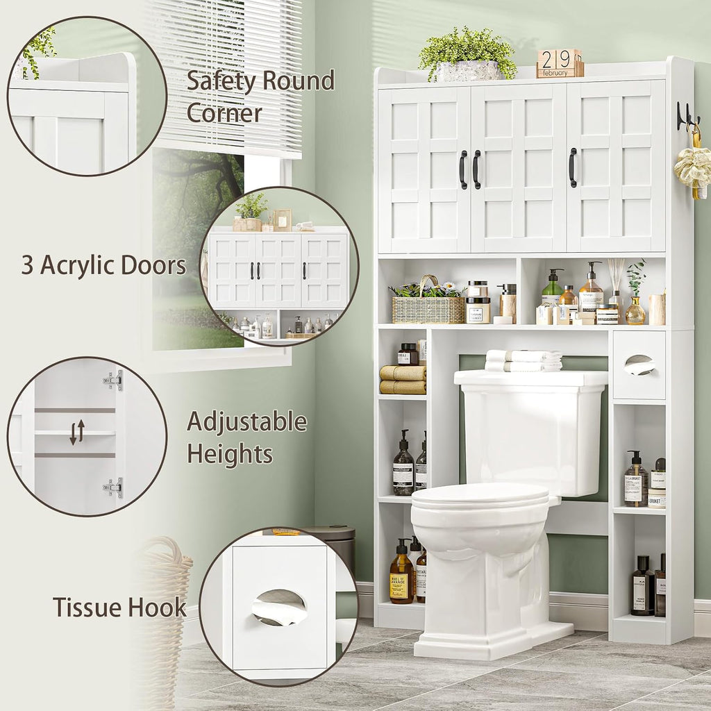 Vabches Over The Toilet Storage Cabinet,Farmhouse Bathroom Organizer with 3 Barn Doors & Adjustable Storage Shelf,Space-Saving Toilet Rack with Toilet Paper Holder Stand for Restroom, Laundry, White