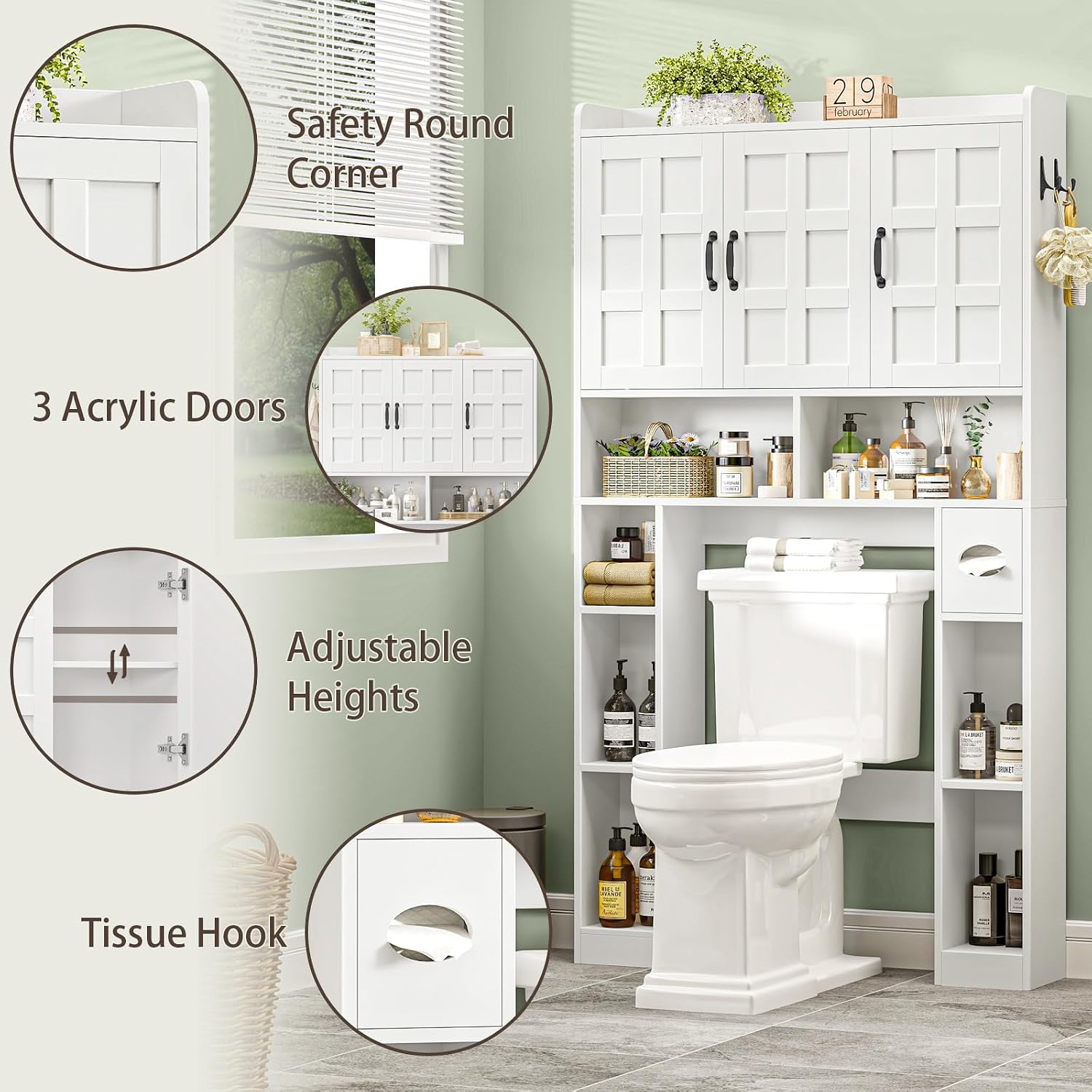 Vabches Over The Toilet Storage Cabinet,Farmhouse Bathroom Organizer with 3 Barn Doors & Adjustable Storage Shelf,Space-Saving Toilet Rack with Toilet Paper Holder Stand for Restroom, Laundry, White