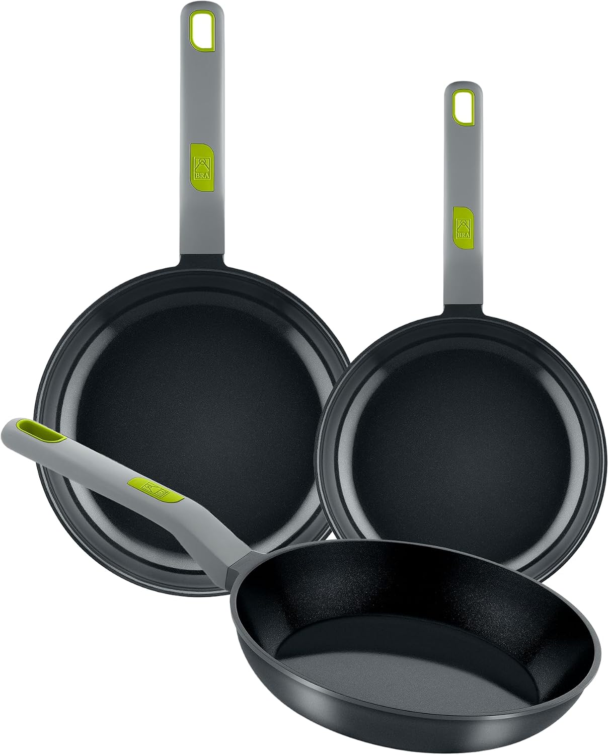 BRA COOKWARE Life 3 Ceramic Nonstick Frying Pan Set | 8+9.5+11 Inch Recycled Cast Aluminum Skillets | Ceramic Non-Stick Fry Pans | PFOA Free Searing Skillets | All Cooktops | Soft-Touch Handle