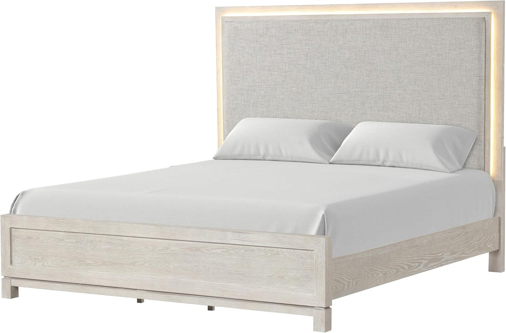 Furniture of America Bailer Modern Solid Wood 6-Piece Bedroom Set with LED on Headboard, Stainless Steal Posts and Marble Top on Nightstand, Box Spring Needed, King, Weathered Gray