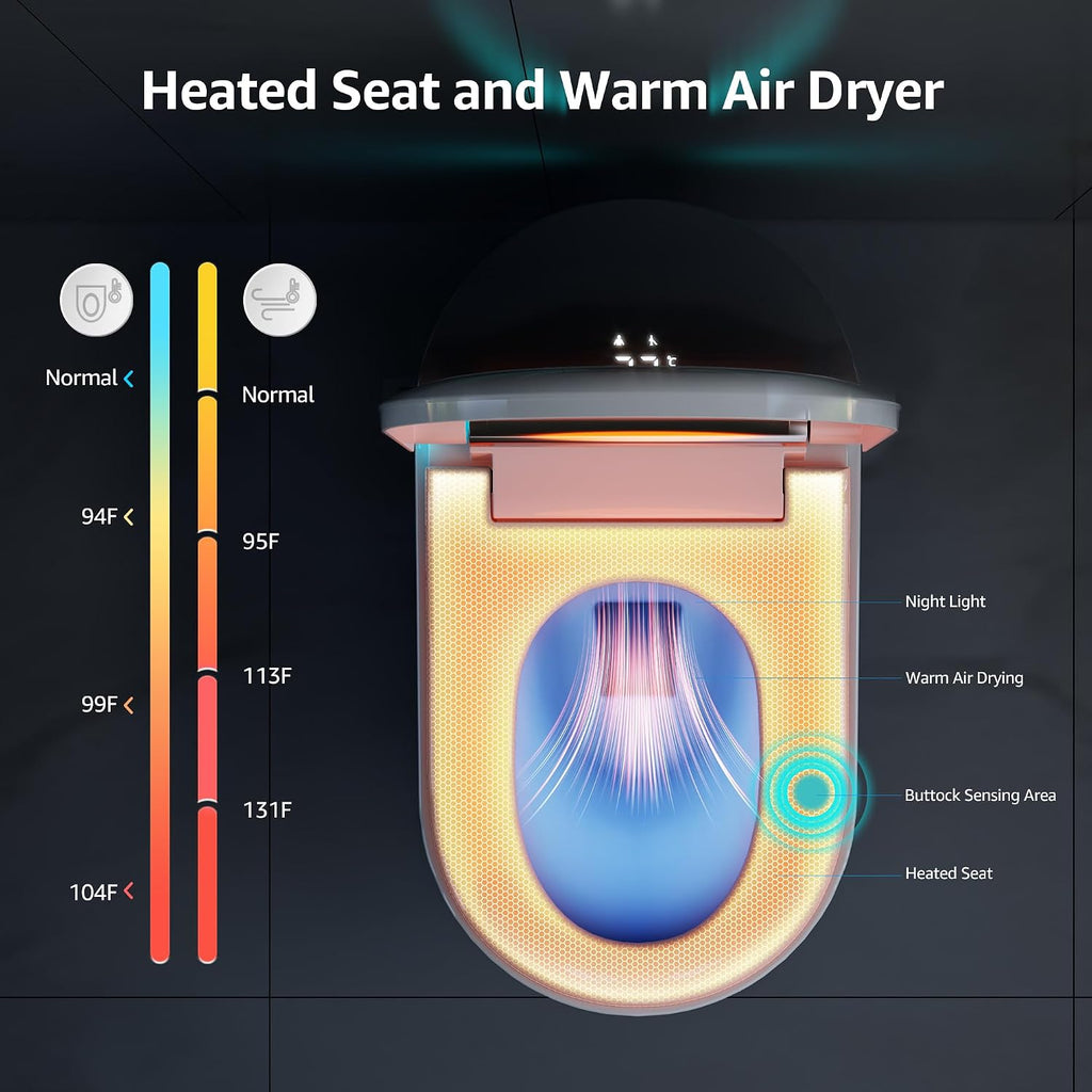 Smart Toilet with Build-in Bidet Seat, Tankless Toilet with Auto-Opening and Closing Lid, Auto Flushing, Heated Seat, Warm Water Bidet, Air Dryer, LED Display, and Remote Control