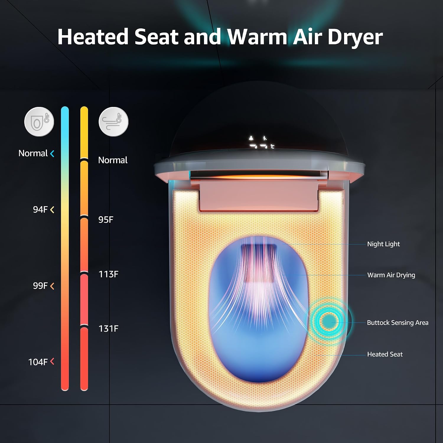 Smart Toilet with Build-in Bidet Seat, Tankless Toilet with Auto-Opening and Closing Lid, Auto Flushing, Heated Seat, Warm Water Bidet, Air Dryer, LED Display, and Remote Control