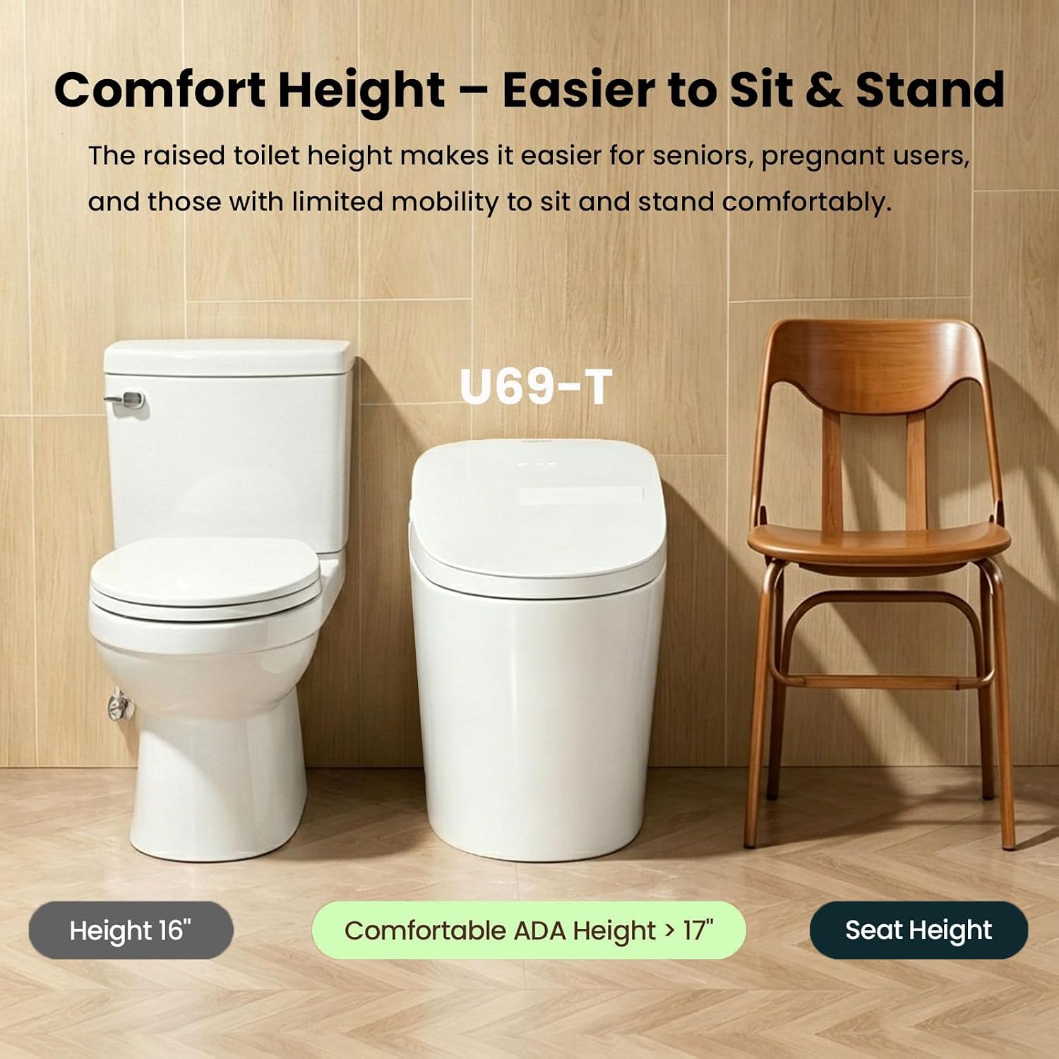 R&T U69-T One-Piece Smart Toilet with Pump-Assisted Flush & Built-in Tank, Chair Height Comfort - Auto Flush, Heated Seat, Warm Air Dryer, Auto Open Lid, Night Light, Deodorizer, Remote Control